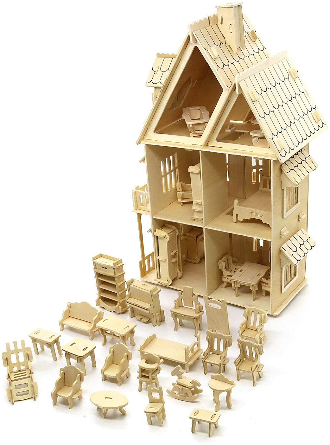 CUTEROOM 3D Wooden Puzzle House, Gothic House 3D Stereo Wooden Puzzles DIY Dollhouse Miniature Kit for Adults - Wooden Model Kit with Furniture -Adult Interactive Puzzle Toy Set
