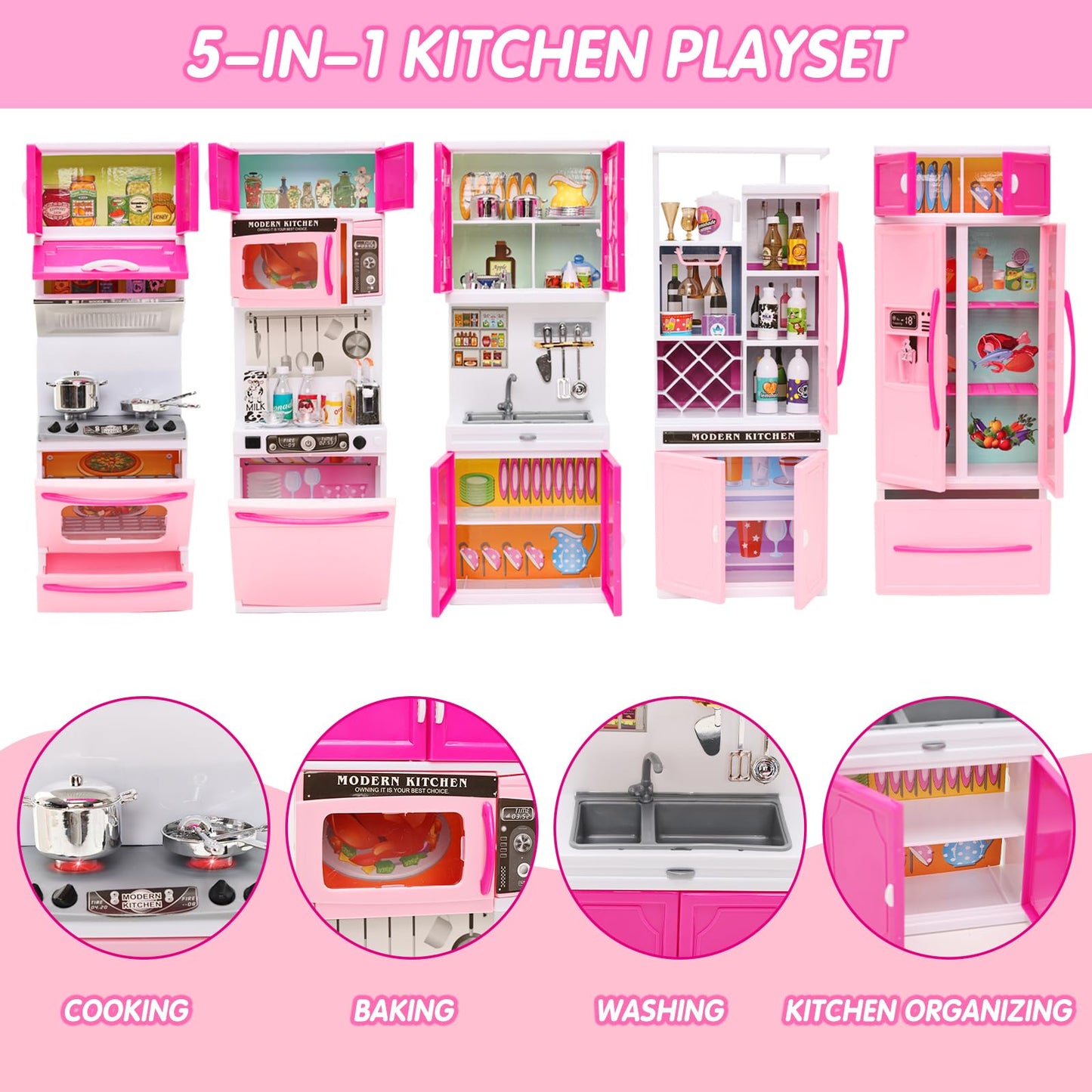 91 Pcs Doll Kitchen Playset for Kids, My Modern Mini 5-in-1 Kitchens House Furniture for 11.5 Inch Girl Dolls Pretend Play Kitchen Toy Accessories for Kids Doll Dreamhouse Set for Dolls