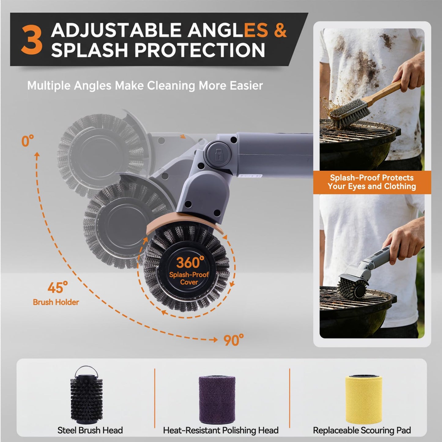PUVIRECN Electric Grill Cleaner 3 in 1, Cleaning Brush Scraper, Easy Clean Cordless BBQ Barbecue Scrubber, for Father's Day, Dad! 50Kg.f High Torque, 2500mAH, 68W Motor & 360RPM, Splash Guard, IPX7