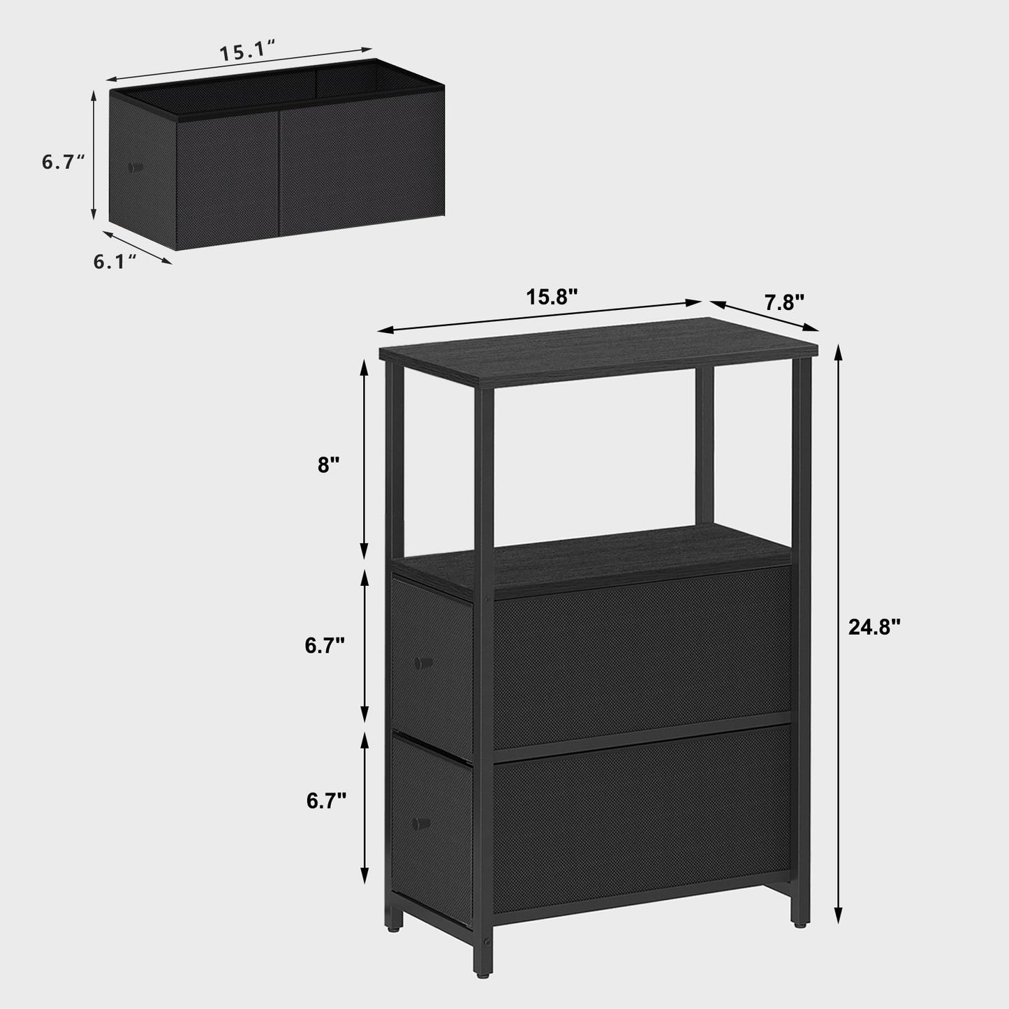 TUTOTAK Small Narrow End Table, Set of 2, Side Table, Nightstand with 2 Cloth Drawers, Couch Table, for Living Room, Bedroom, Bedside, Black TB01BK054CA