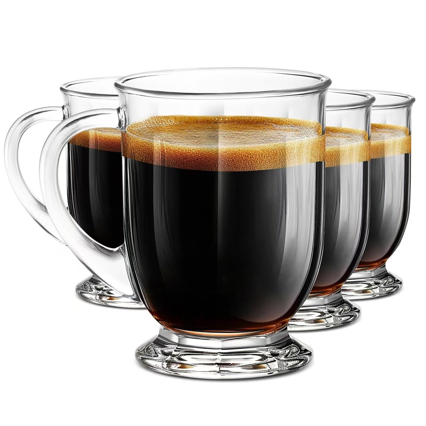 NBABSR 16 OZ Clear Glass Large Coffee Mugs Set of 4,Big Beer Cups with Handle,Bottom Nine-Sided Diner Mug for Men and Women for Hot Beverages,Tea, Cappuccino, Latte, Espresso, Juice Mothers