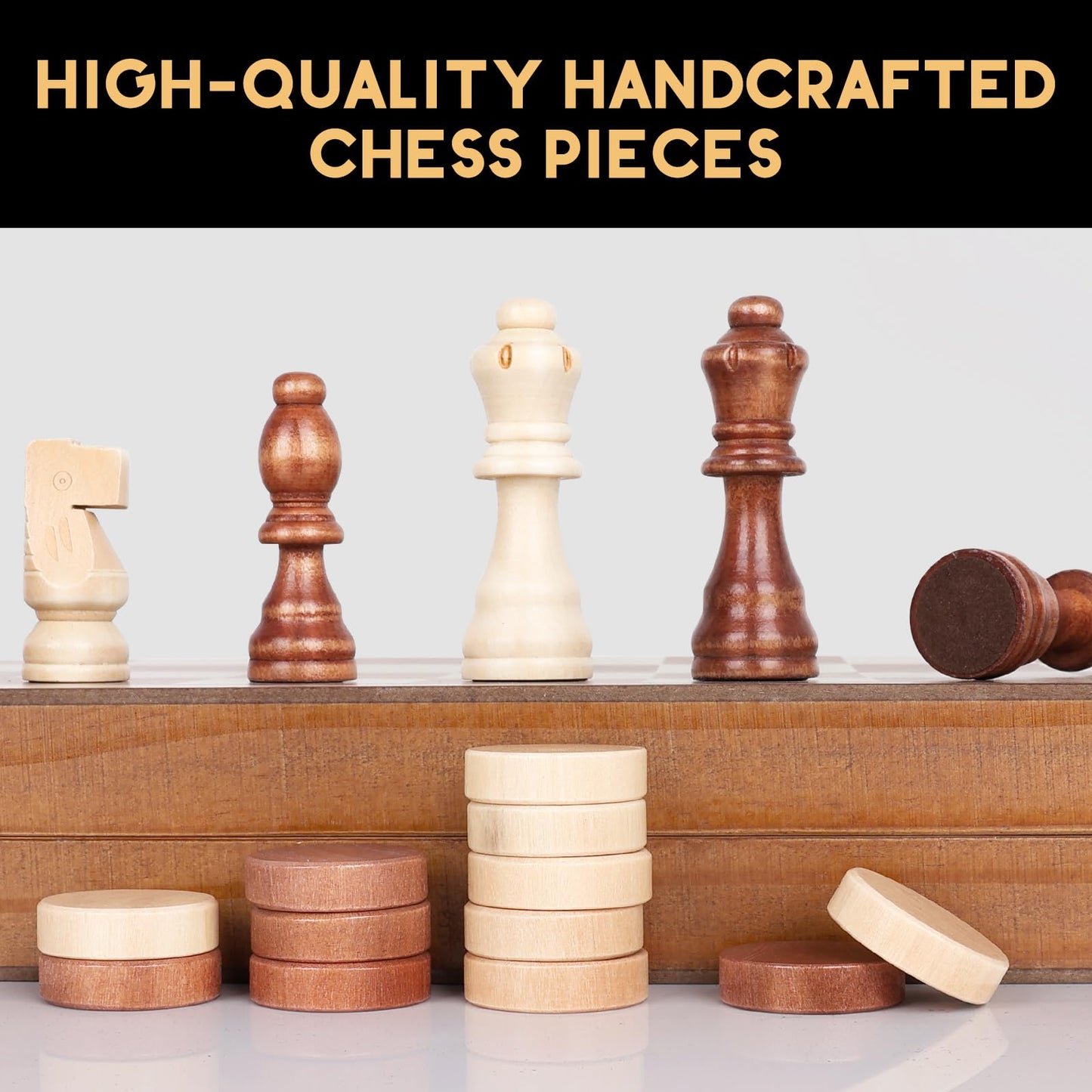Wooden Magnetic Chess Board Set, 15 inch 2 in 1 Portable Folding Checkers Chess Set with 2 Extra Queen and Carry Bag Handmade Large Chess Game