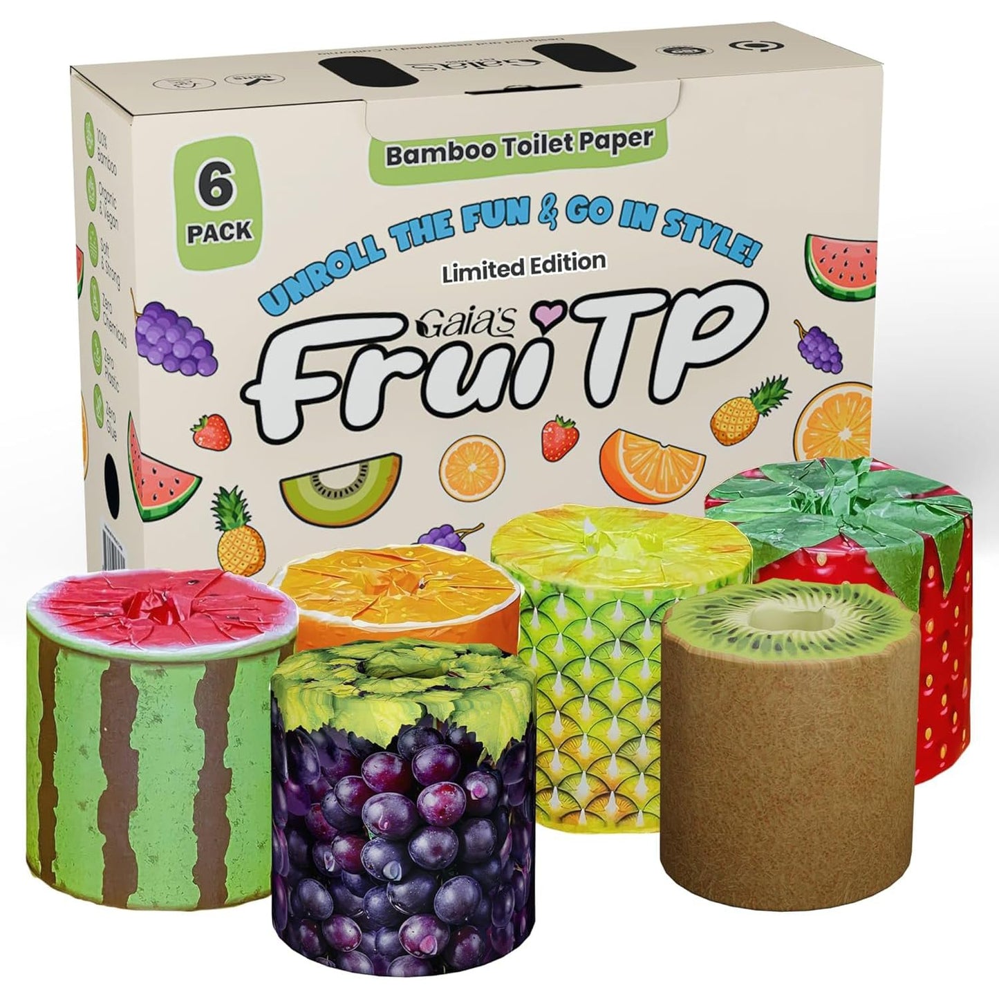 Gaias Premium and Soft FruiTP Organic Bamboo Toilet Paper | 6 Mega Rolls, 3 Ply, 370 Sheets | FSC Certified, PFAS & BPA Free, Eco-Friendly, Sustainable Tissue - Plastic Free Packaging, Septic Safe