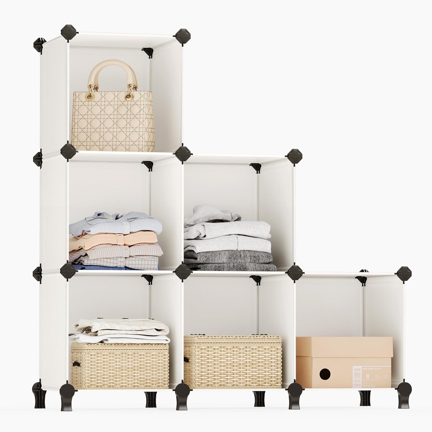 SONGMICS 6 Cube Storage Organizer, DIY Closet Shelf, Plastic Clothes Organizer, Modular Bookcase, 11.8 x 11.8 x 11.8 Inch Cubes, with Feet and Rubber Mallet, Cream White ULPC111M01