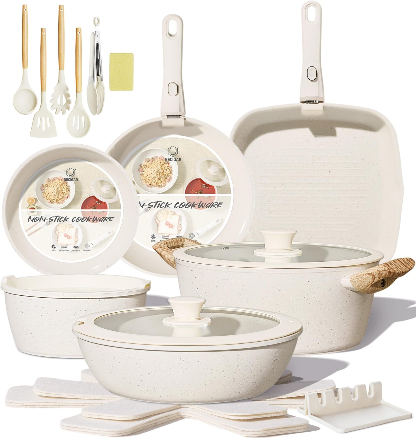 BECIGAR 8pcs Ceramic Pots and Pans Set, Non Stick Cookware Set, Detachable Handle Cookware, Induction Kitchen Cooking Set with Removable Handle,Oven Safe, Induction Fast, Stackable Cookware Set