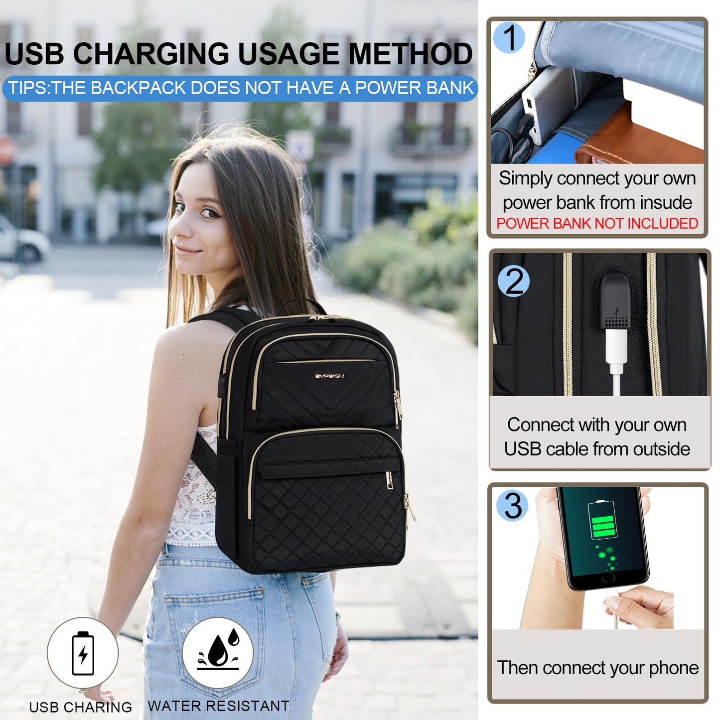 EMPSIGN Laptop Backpack Purse for Women and Men with USB Charging Port, 15.6 Inch Travel Water Resistant Quilted Backpack, High-Capacity 30L Work Business Computer Backpack, Quilted Black