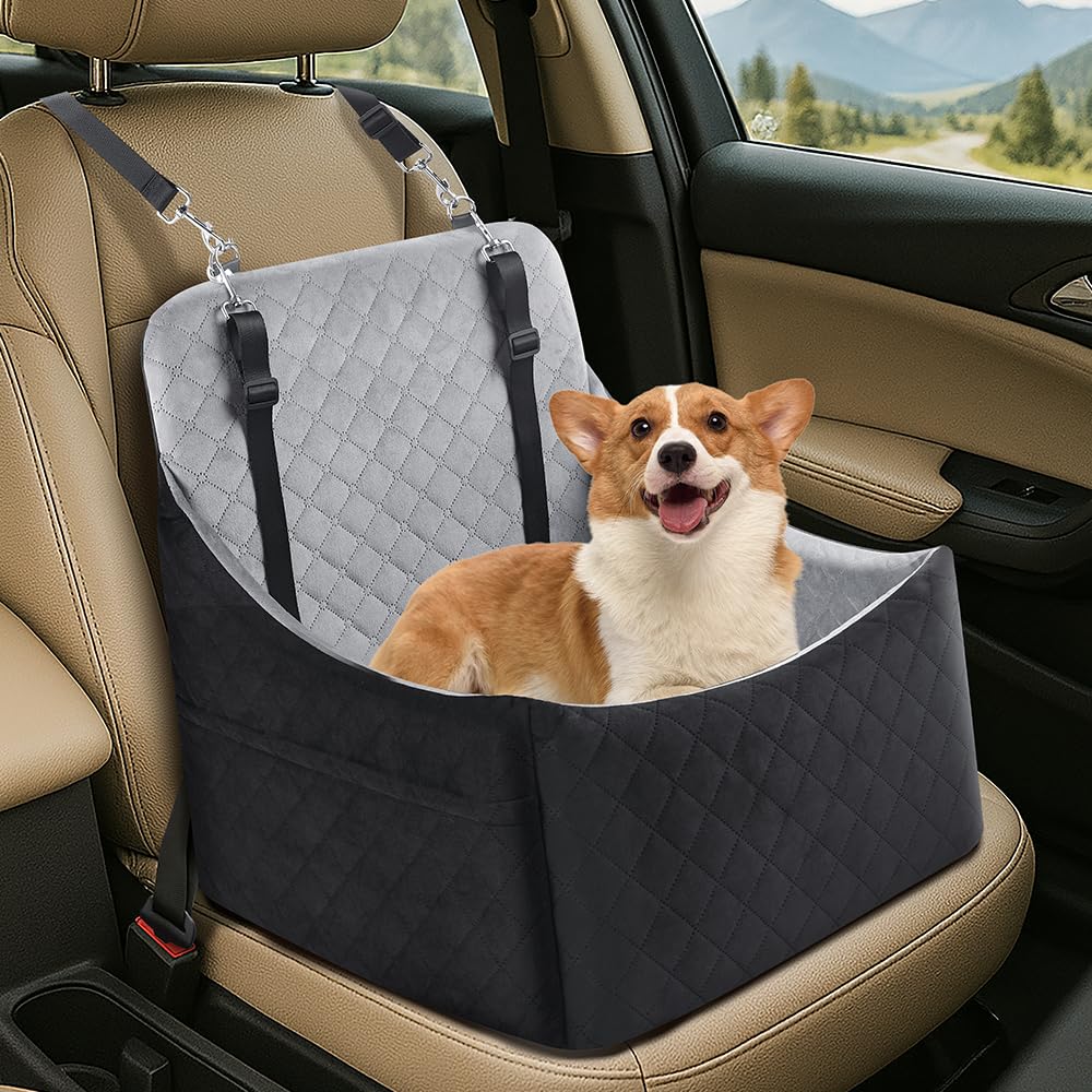 unipaws Dog Booster Car Seat for Small Medium Dogs, Elevated Puppy Car Bed with Pockets, Detachable Washable Cover, Portable Anti-Slip Travel Bed for Car