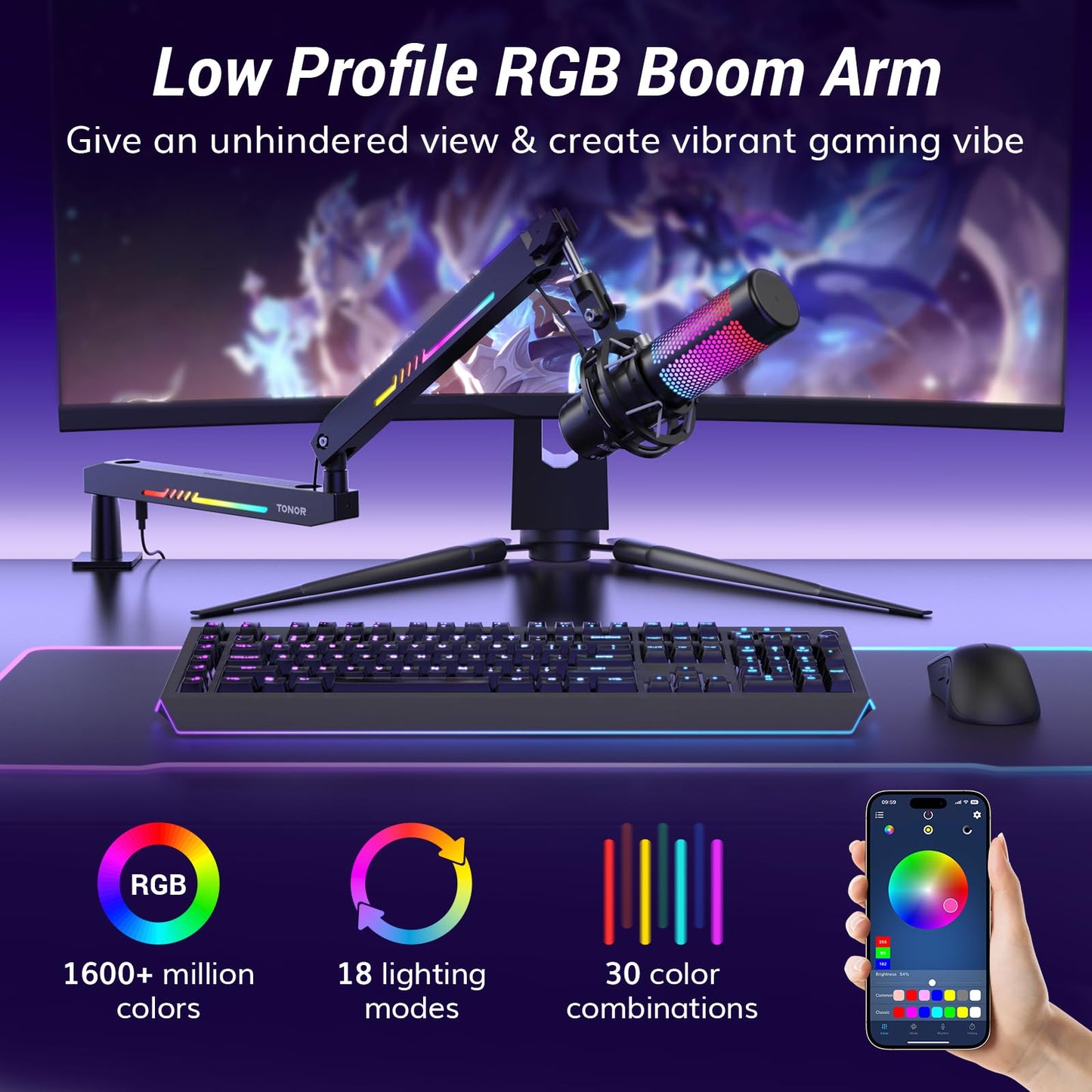 TONOR RGB Gaming Mic Arm, Low Profile Microphone Boom Arm with controllable RGB Light, Mic Stand with Cable Management, Compatible with Popular Microphones for Streaming, Studio, T90LP