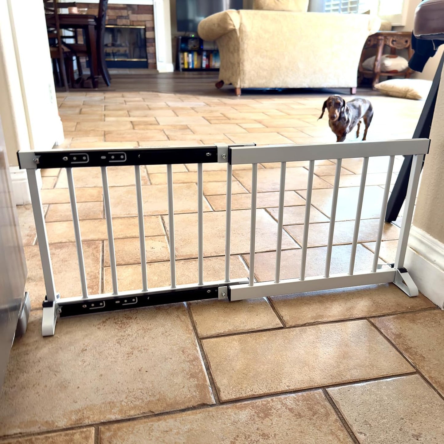 White Metal Dog Gate for Small Dogs - 13.3" Short Freestanding Puppy Gate with Retractable Sliding Rail, No Installation, Indoor/Outdoor Use, Foldable & Portable Pet Barrier