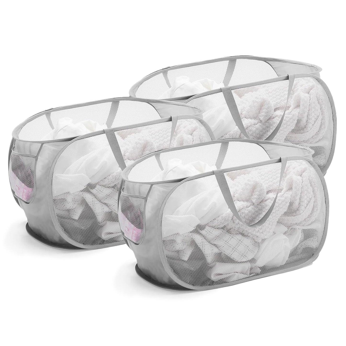 Collapsible Mesh Pop Up Laundry Basket with Durable Handles and Pockets, Portable, Foldable, Deluxe Clothes Hamper for Travel, Laundry Room, Dorm or Bathroom, Space Saving Organizer, Grey, 3 Pack…