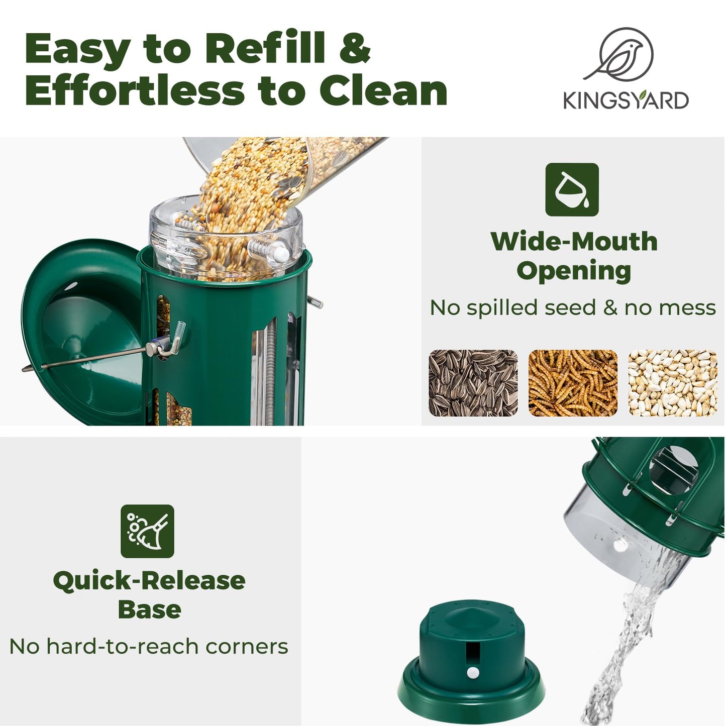 Kingsyard Squirrel Proof Bird Feeder with Removable Base, All Metal, Tube Bird Feeders for Outdoors Hanging, Easy to Clean & Refill, Dark Green