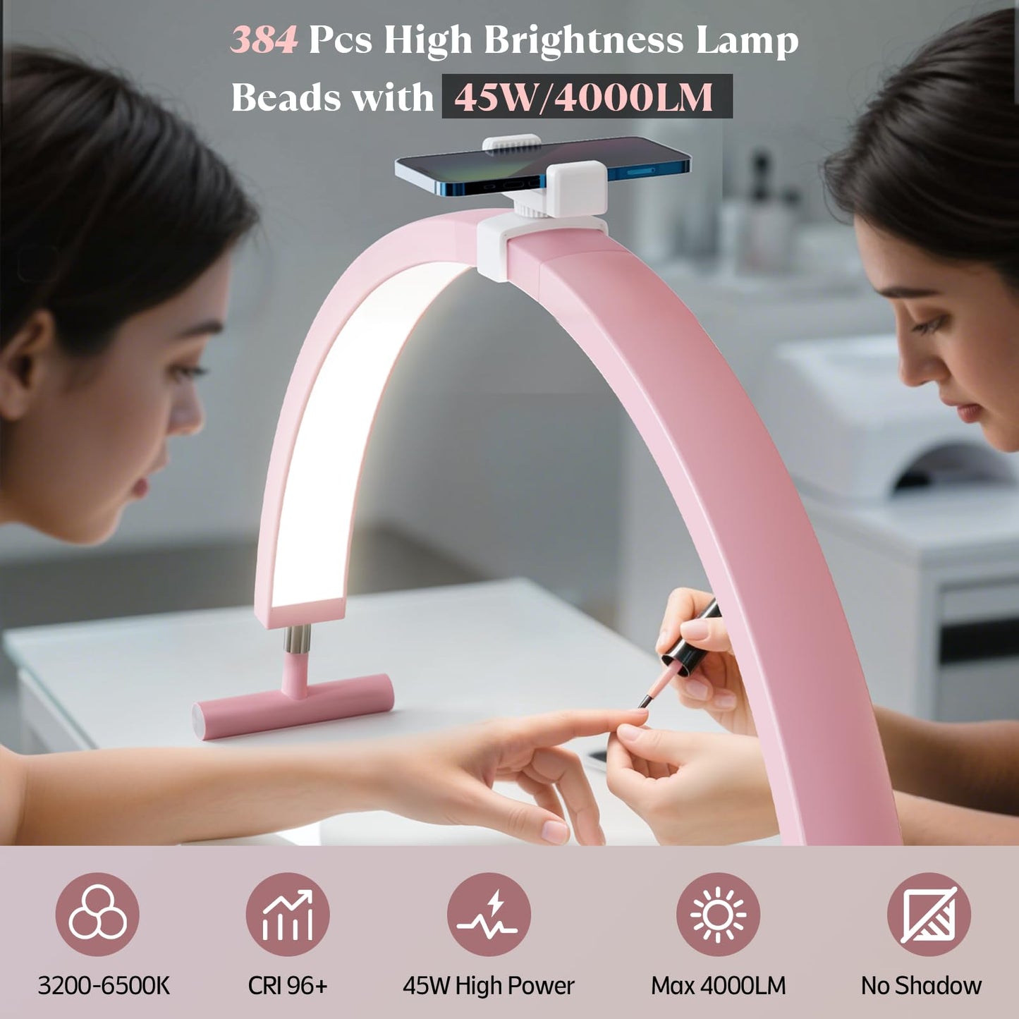 Mznoo Nail Light for Desk, 30in Large Half Moon Light with Phone Holder, 4000 Lumen Bright LED Moon Lamp for Nail Techs, Manicure and Handicraft, Adjustable Color Modes and Brightness (Pink)