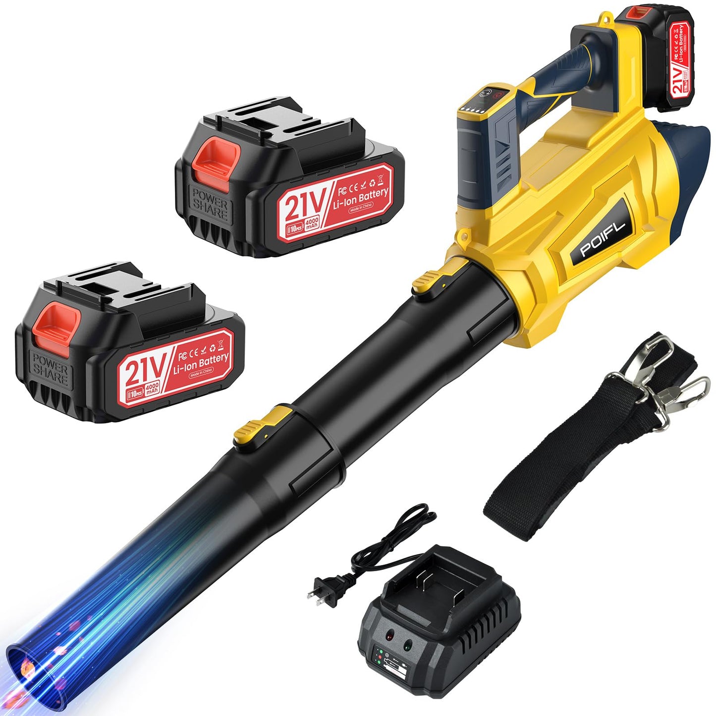 Leaf Blower, 21V Leaf Blower Cordless, 500 CFM/180 MPH, 6 Speed Leaf Blowers with 2 x 4.0AH Batteries and Fast Charger, with Shoulder Strap for Blowing Leaves, Lawn Care, Patio Cleaning and Dust