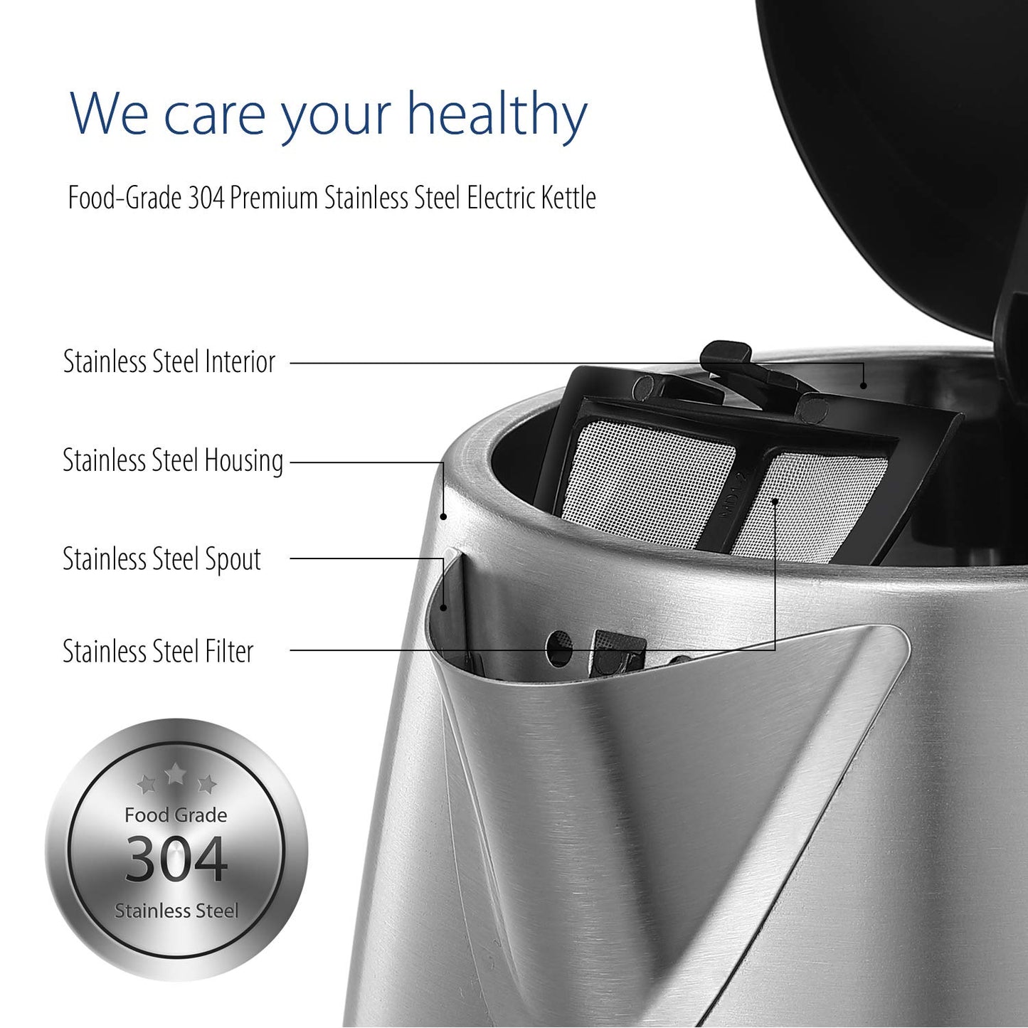 COMFEE' Stainless Steel Electric Kettle, 1.7L Tea Kettle Electric for Boiling Water, Hot Water Kettle 1500W Fast Boil with LED Light, Auto Shut-Off and Boil-Dry Protection