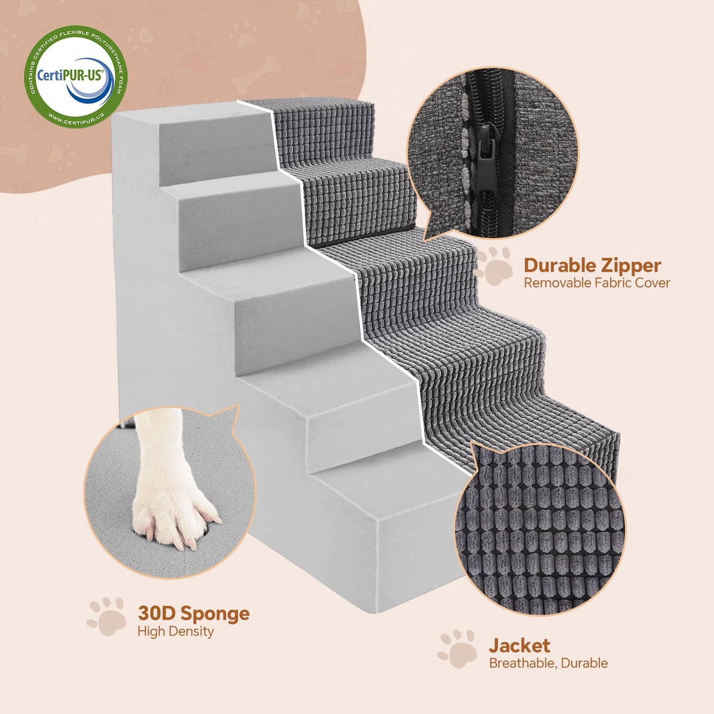 Pet Stairs Ramp for High Beds and Couch for Dogs to Get on Bed - 4 Steps Foldable Stairs for Small Dogs and Old Cats - Foam&Non-Slip&Washable by Sytopia, Grey, 2/3/4/5 Steps