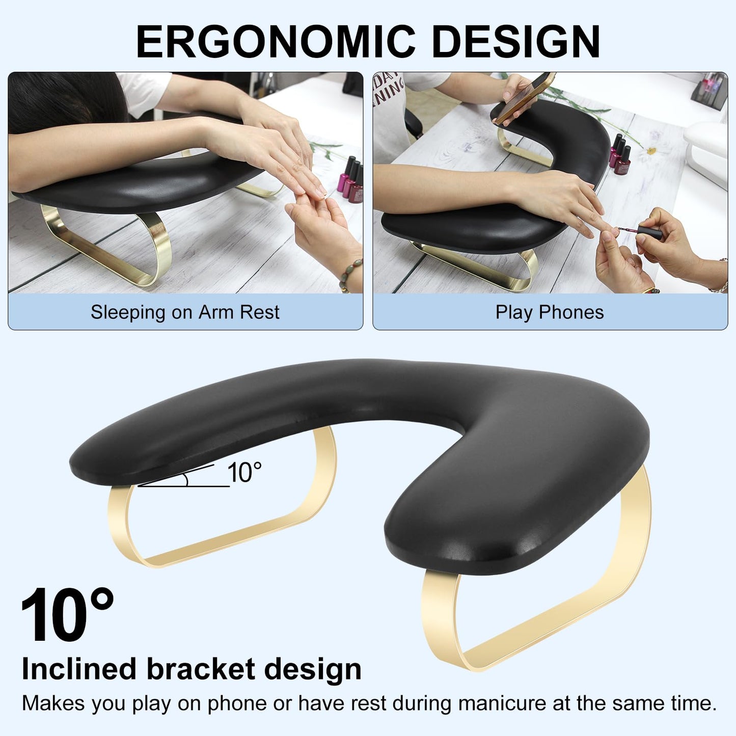 Arm Rest for Nails Tech,Comfortable Leather U Shaped Manicure Hand Rest Pillow Cushion,Ergonomic Slope Nail Arm Rest Stand for Nails Salon,Detachable Bracket,Easy to Clean(Black）