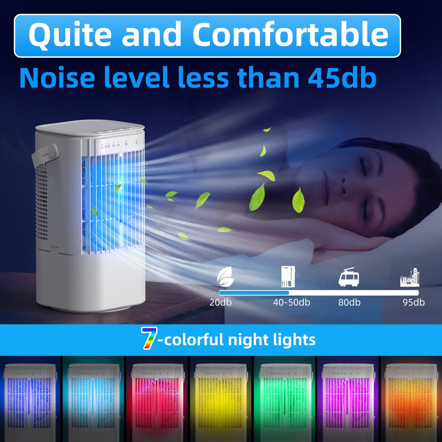 Portable Air Conditioner, 4-in-1 Mini Small Air Conditioner Evaporative Air Cooler Fan with 1000ml Water Tank, 3 Speeds & 7 LED Lights, Personal Mini AC with Timer for Home, Bedroom, Desktop, Office