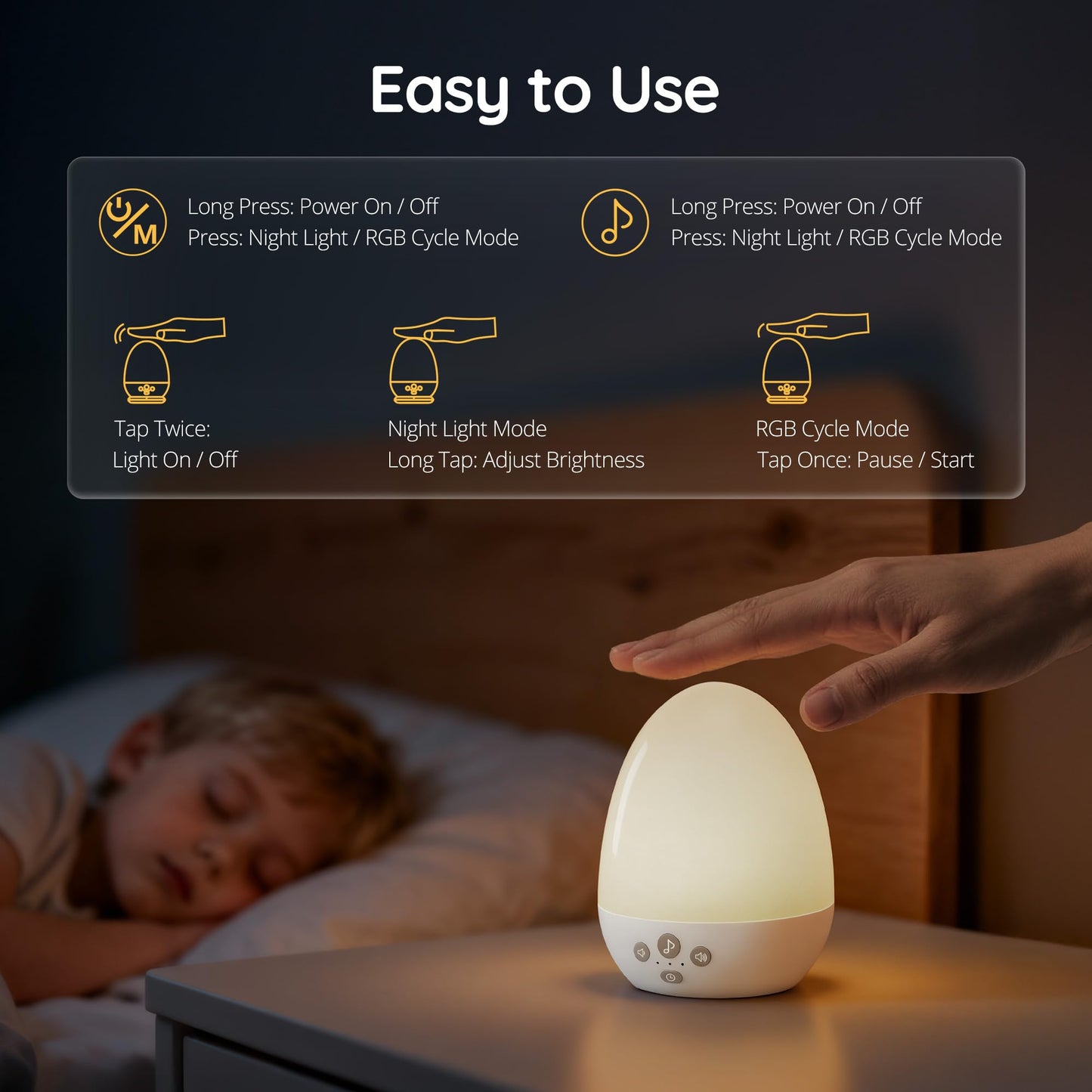 JolyWell Baby Night Lights for Kids, Rechargeable Portable Egg Light, Stepless Dimming, 3 Color Temperatures, 18 Sleep White Noise, RGB Mood Lighting, Touch Control, Timer & Stable Charging Pad