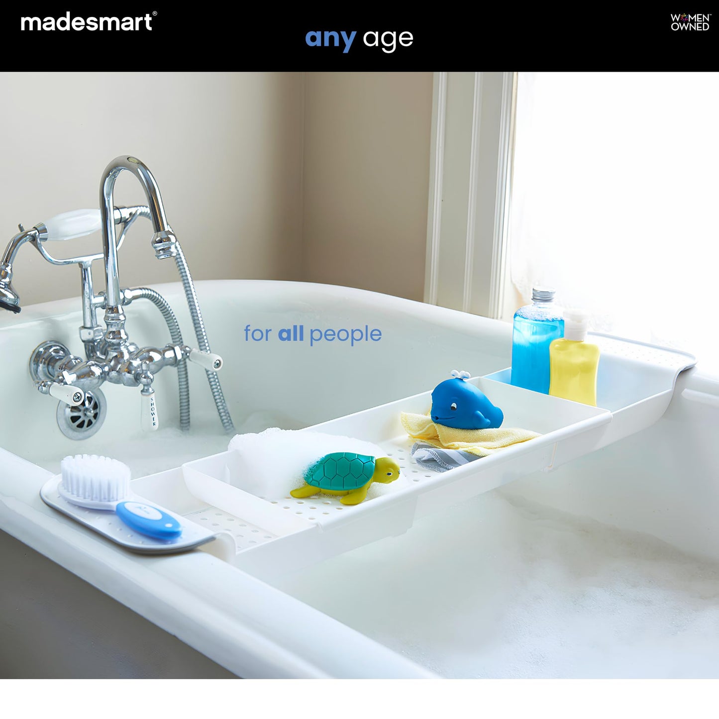 Madesmart Expandable Bath Tray for Bathtubs, Plastic Shower and Bath Shelf Caddy, White, Multifunctional Bathtub Bathroom Organizer, Premiumwhite