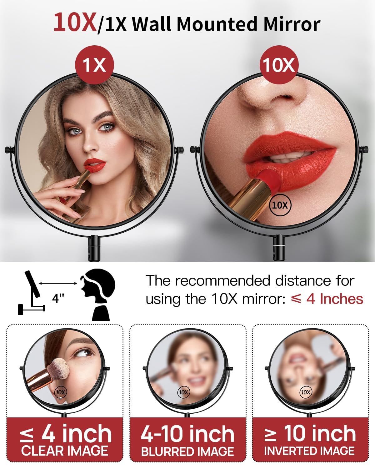 Gospire 9" Large Size Wall Mount Makeup Mirror with 1X/10X Magnification Double-Sided 360° Swivel Vanity Mirror，Black Polished Extendable Shaving Bathroom Wall Cosmetic Mirror for Men and Women