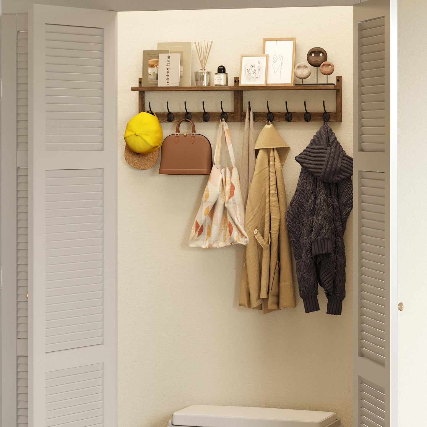 AMBIRD 34.2inch Wooden Extra-Long Wall Hook Rack with Shelf - Versatile and Decorative Wall-Mounted Storage - 10 Hooks for Hanging Coats, Hats, Scarves - Ideal for Entryways, Bedrooms, Closets