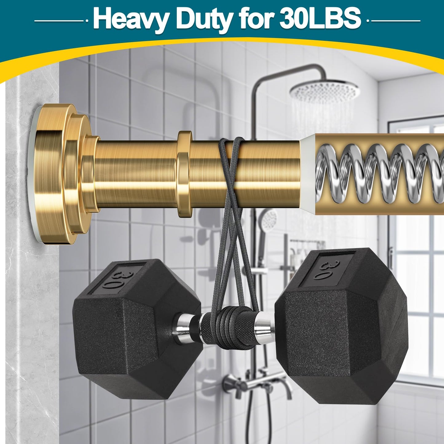 ZYRW Gold Shower Curtain Rod 36-68 Inch(3-5.6ft) Never Rust No Drilling Spring Tension Shower Rod, Adjustable Curtain Rod for Bathroom Window Closet