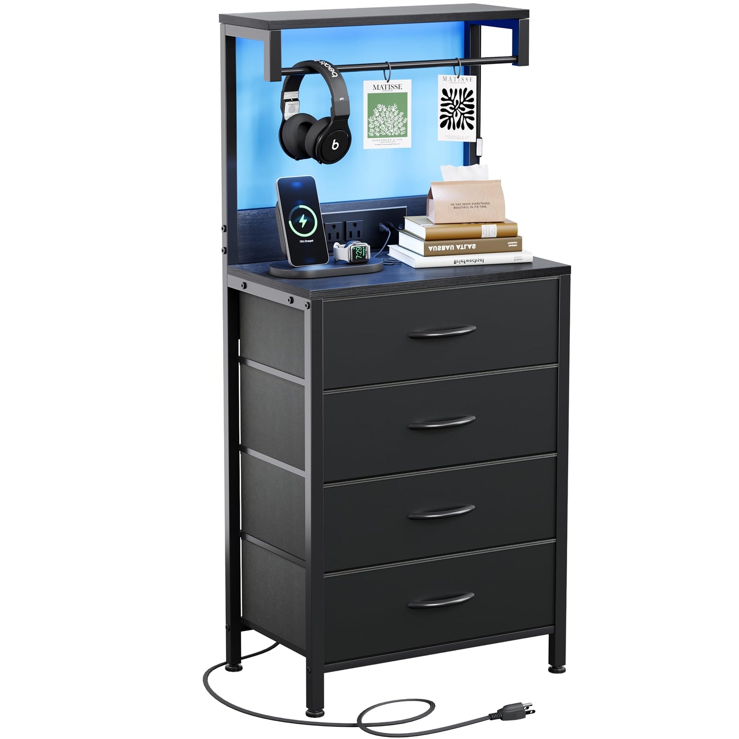 SJAVX Night Stand with Charging Station, End Table with LED Light, Small Bedside Table with Wood Shelf, 4 Fabric Drawers Side Table for Bedroom, Black