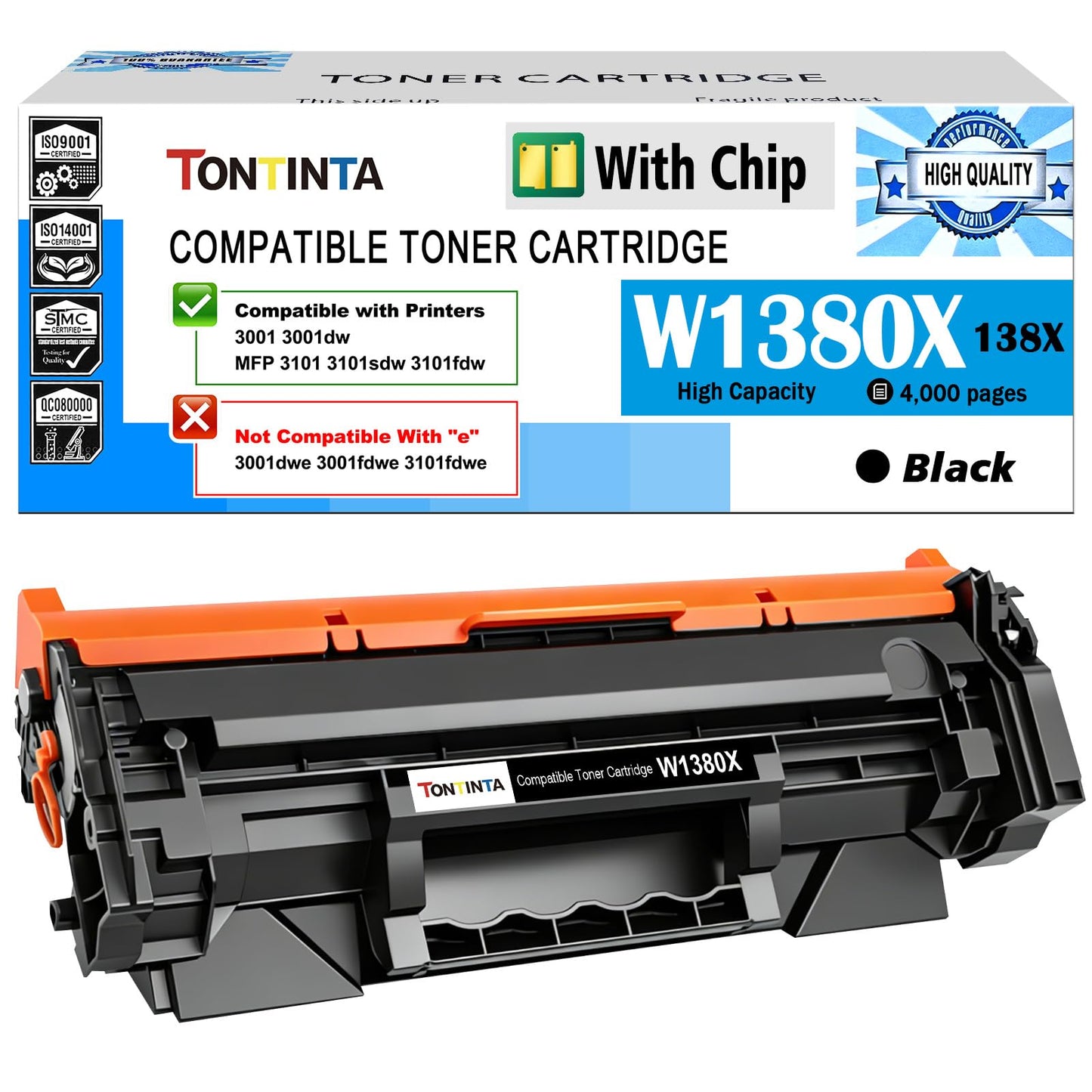 [with CHIP] 138X W1380X ( 138A W1380A ) Compatible Toner Cartridge High Capacity Black for 3001 3001dw MFP 3101 3101sdw 3101fdw, Not Compatible with Printers That Have an e Suffix