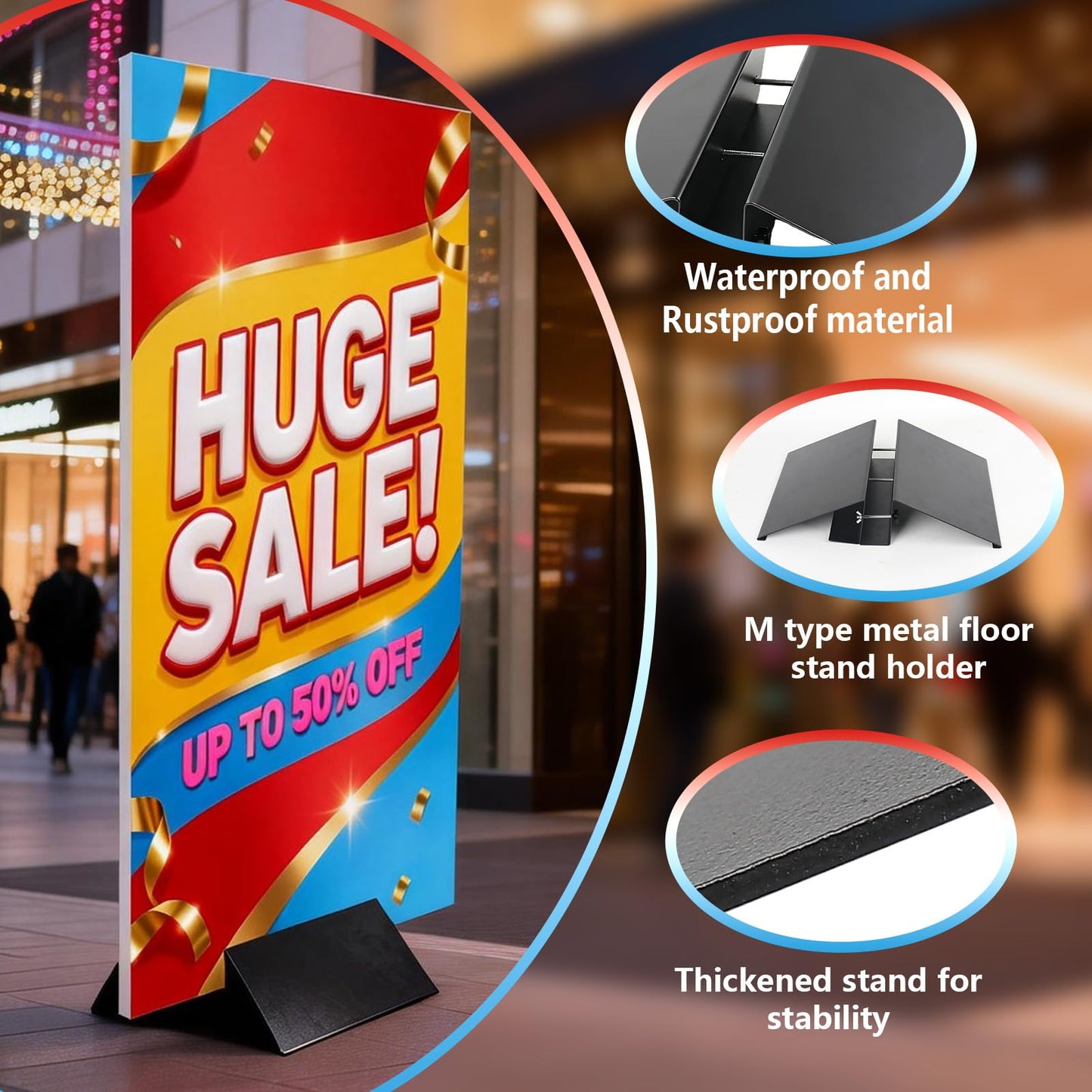 Chiliqi Metal Floor Sign Stand Holder, Adjustable Floor Standing Display Stand for Outdoor Indoor Use, Stand Metal Base Only Fits 12" Wide Acrylic Glass Foam Board Signs up to 72" High