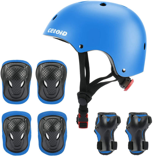 CELOID Kids Helmet Pad Set,Adjustable Kids Skateboard Bike Helmet Knee & Elbow Pads Wrist Guards10-14-16 Years Kids,Protective Gear Set for Girls Boys Bicycle Roller Scooter Sport,Blue