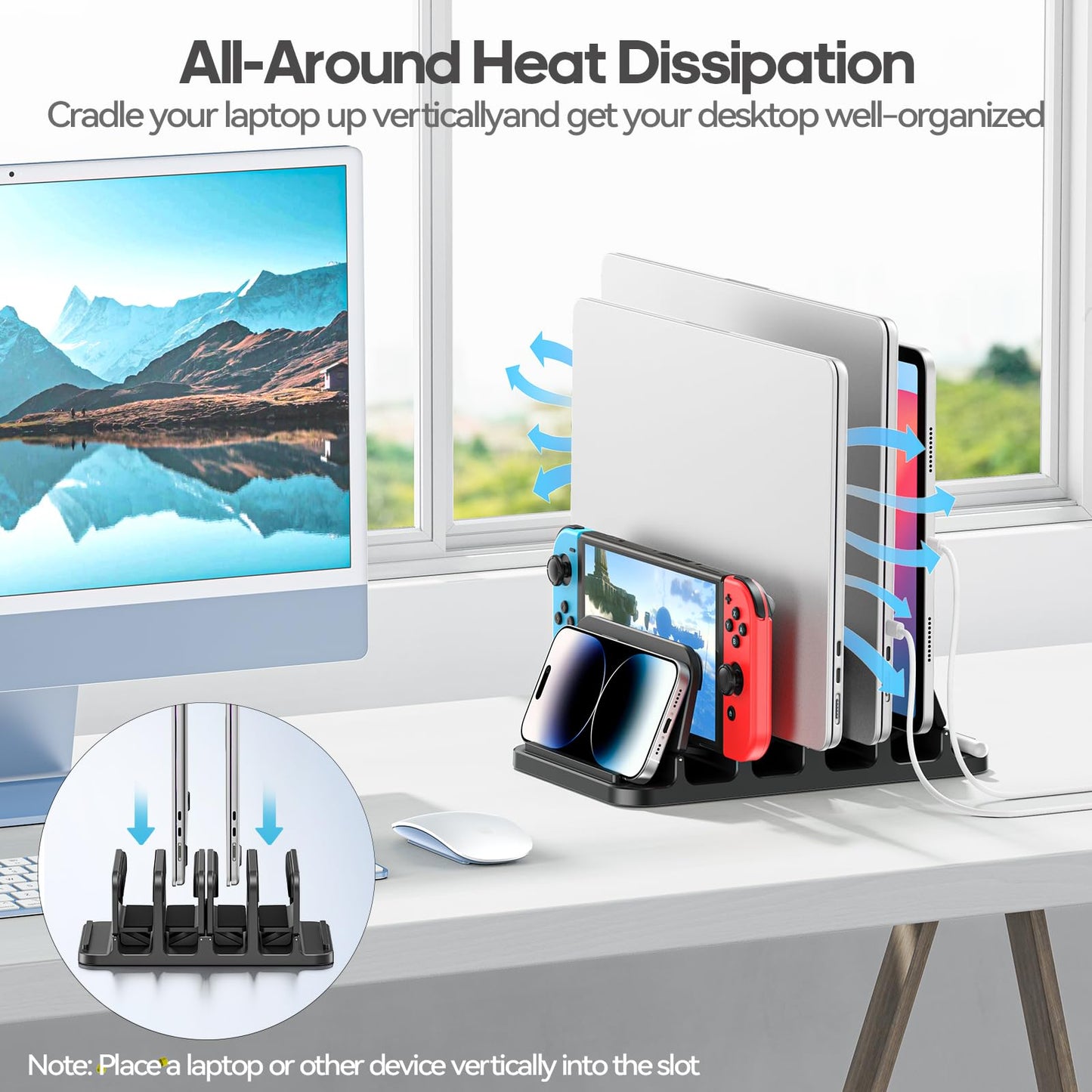 KDD 4-Slot Vertical Laptop Stand for Desk, 6-in-1 Design Laptop Mount Riser with Gravity Locking, Space-Saving Computer Organizer Dock Supports MacBook Pro Air, Mac, HP, Dell,Microsoft Surface, Lenovo