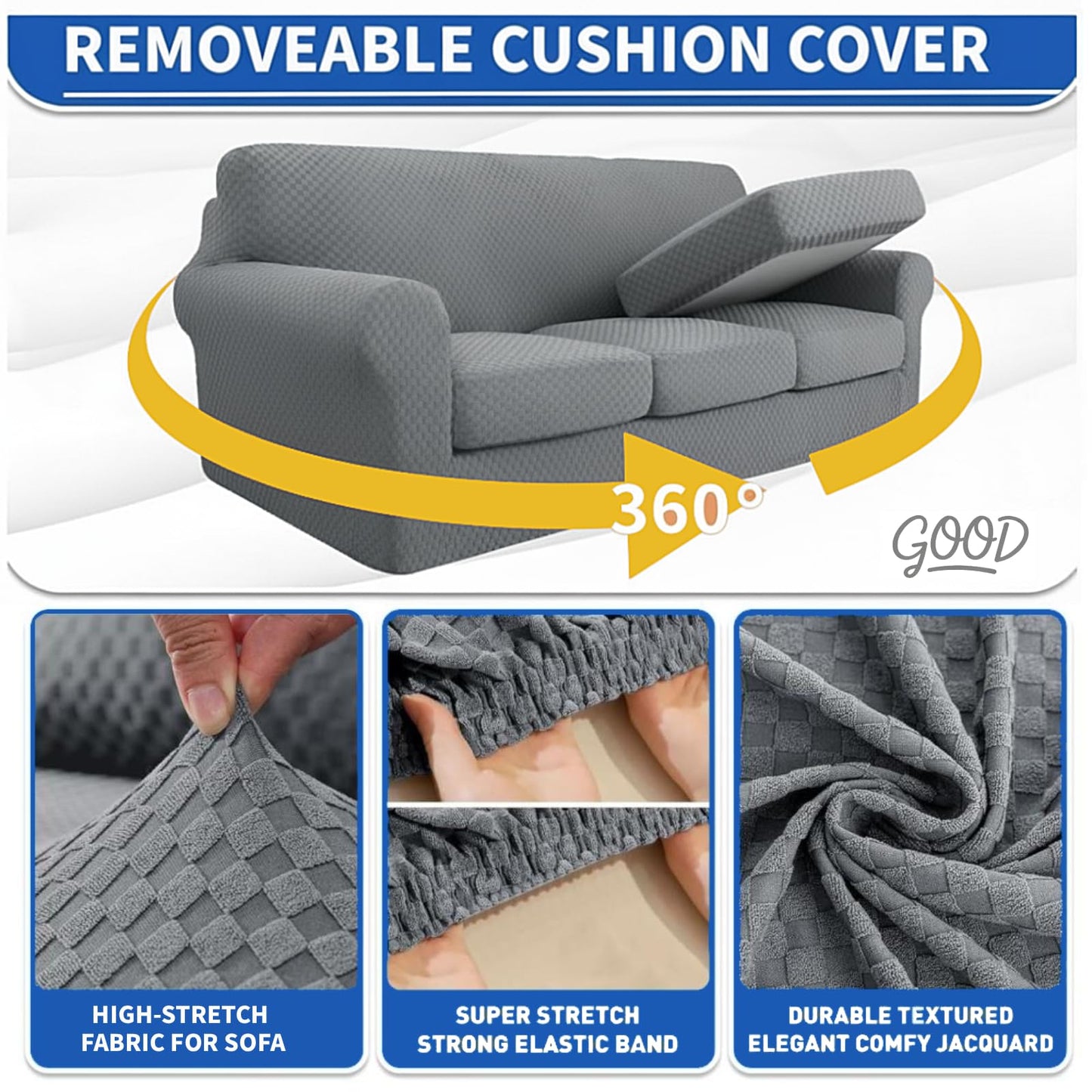 YEMYHOM Latest Checkered 4 Pieces Couch Covers for 3 Cushion Couch High Stretch Thickened Sofa Cover for Dogs Pets Anti Slip Elastic Slipcovers Living Room Furniture Protector (Sofa, Light Gray)