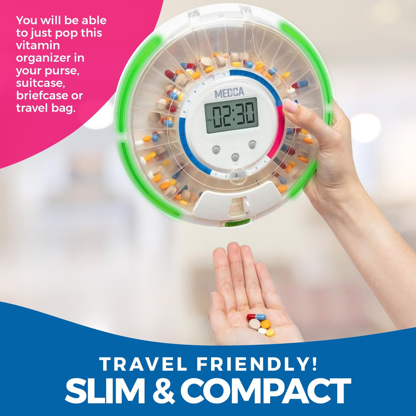 Automatic Pill Dispenser with 28-Day Electronic Medication Organizer - Lockable Key Pill Container with LCD Display, Light and Sound Reminder Alarm for Scheduled Medication for Seniors and Elderly