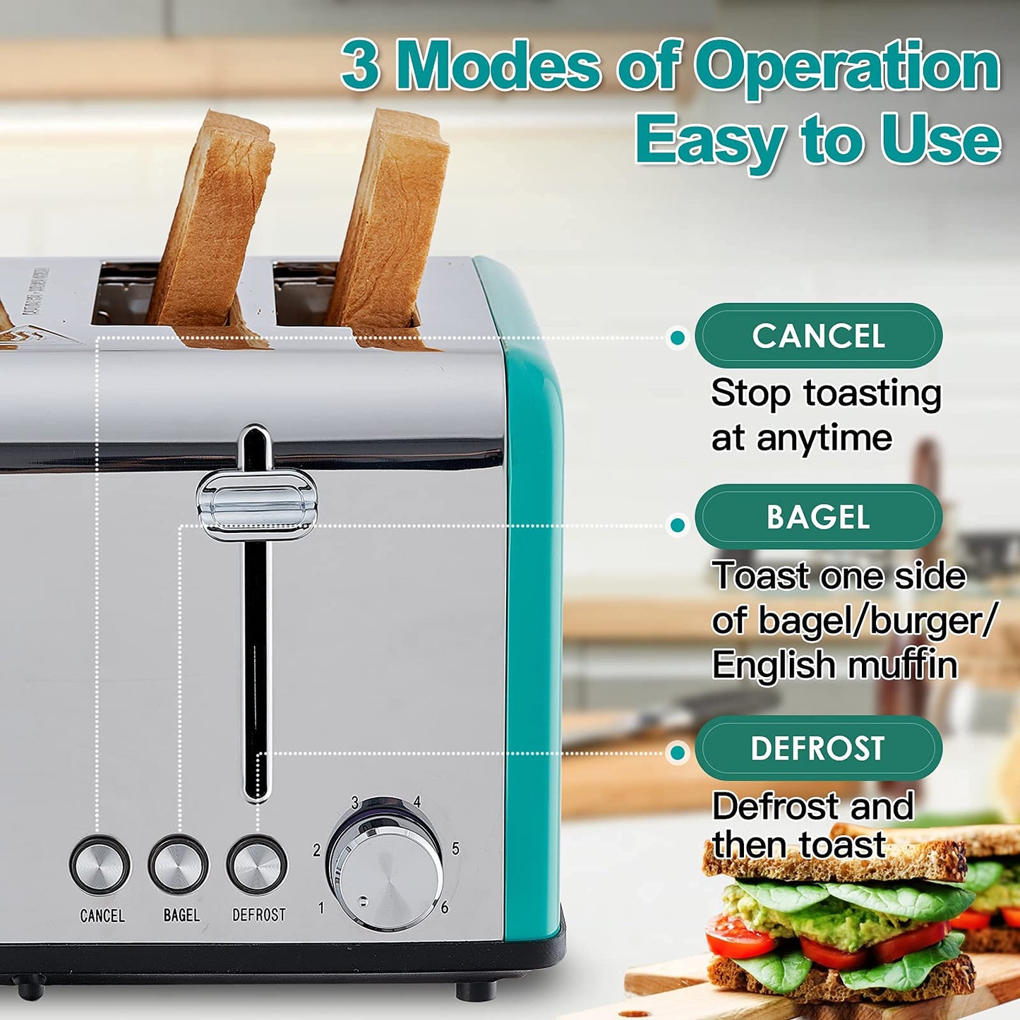 Toaster 4 Slice, CUSIMAX Stainless Steel Toaster, Bread Toasters 4 Extra Wide Slot with Bagel/Defrost/Cancle Function,6 Shade Settings with Removable Crumb Tray, Green