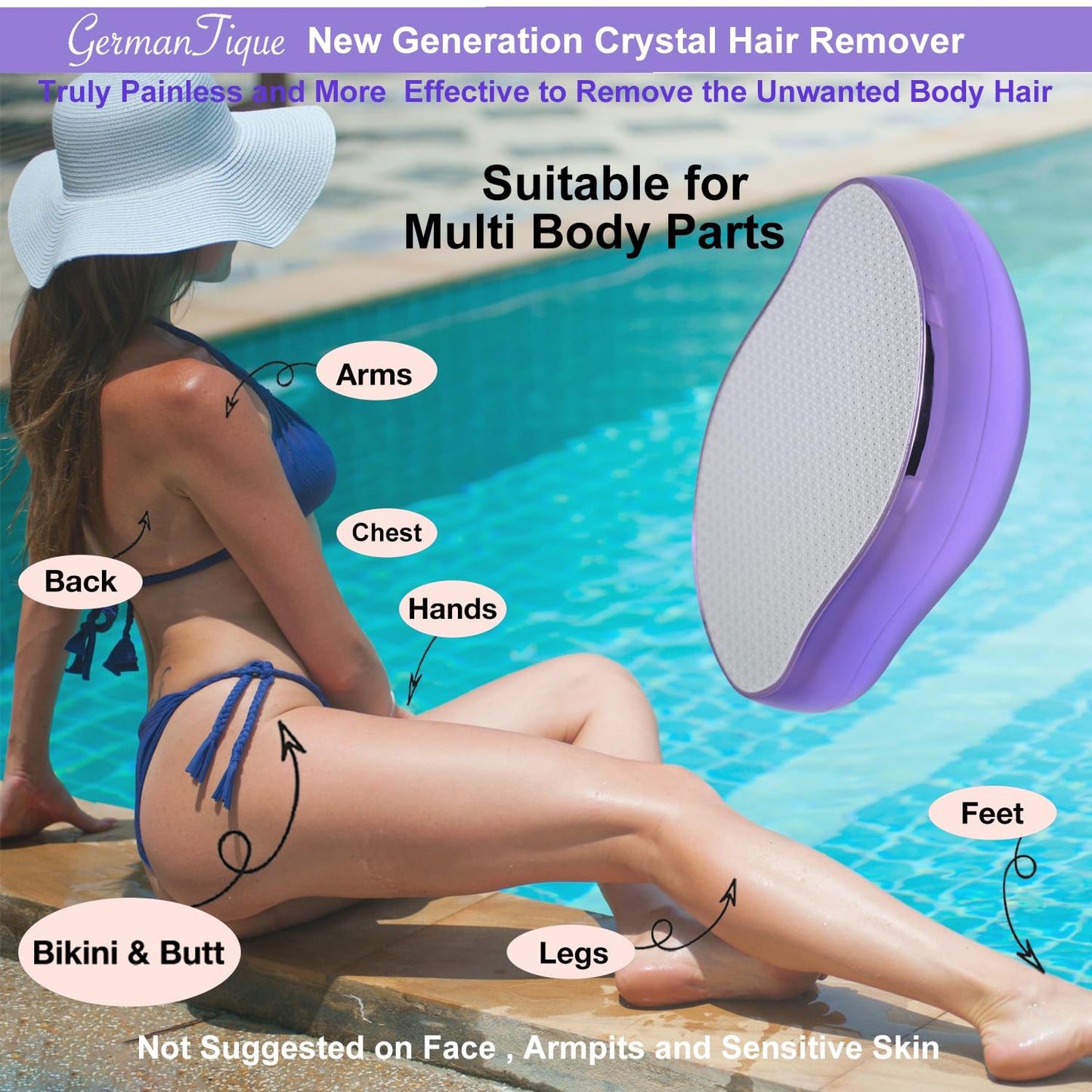 Germantique Crystal Hair Eraser,Natural Crystal Hair Remover,Reusable Painless Nano Glass Hair Removal Device without Shaver,Gentle Crystal Epilator and Exfoliator for Soft Silky Skin(Violet)