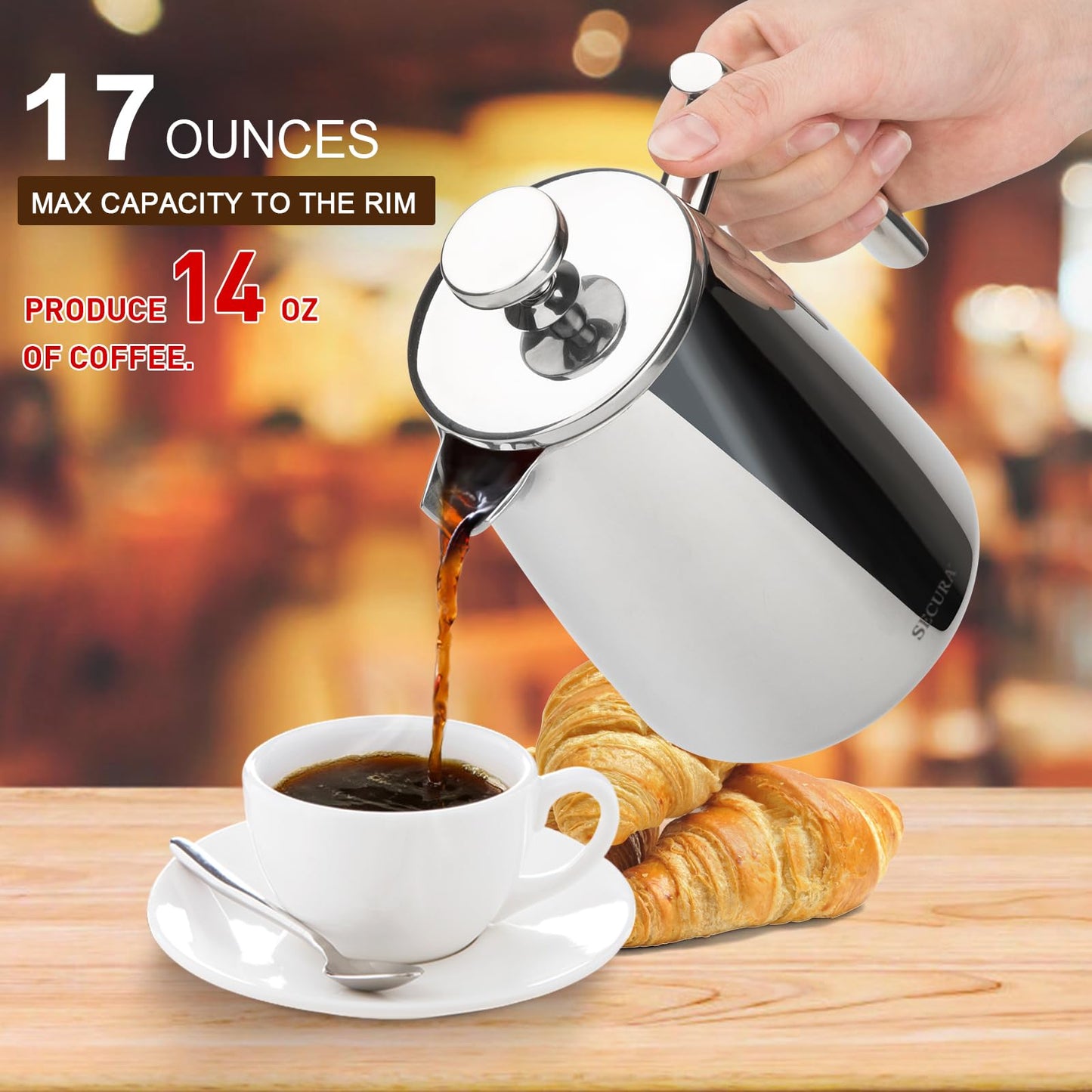 Secura French Press Coffee Maker, 17-Ounce, 304 Stainless Steel Insulated Coffee Press with Extra Screen