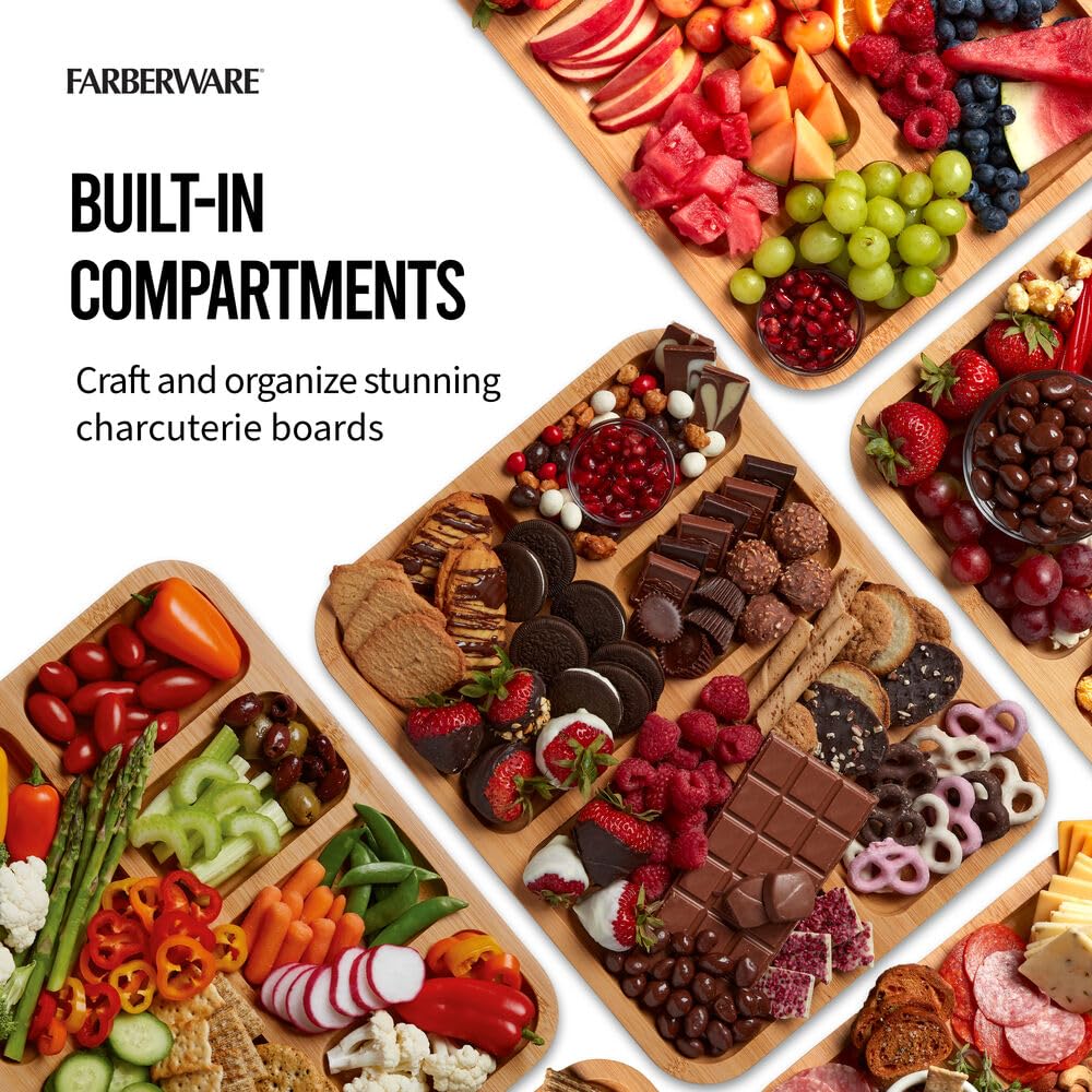 FARBERWARE Build-A-Board Bamboo Cutting Board with Built-in Compartments and Clear Locking Lid, Ideal for Charcuterie, Snacks, Food Prep & Serving