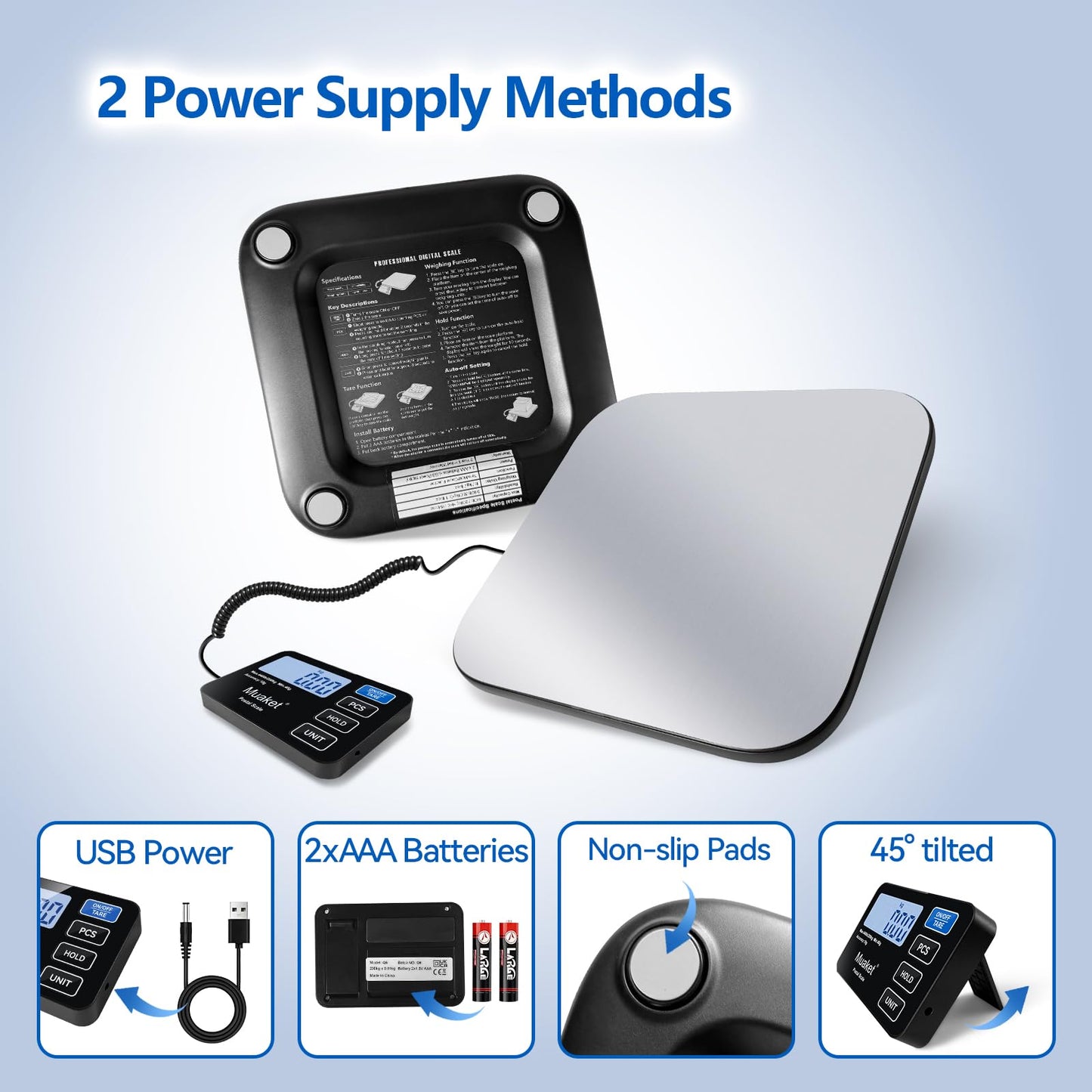 Postal Scales,Muaket 440lb LCD Display Parcel Scales with Hold and Tare Function,High Precision Weighing Scale for Luggage,Package,2 AAA Batteries and Charging Cable Included