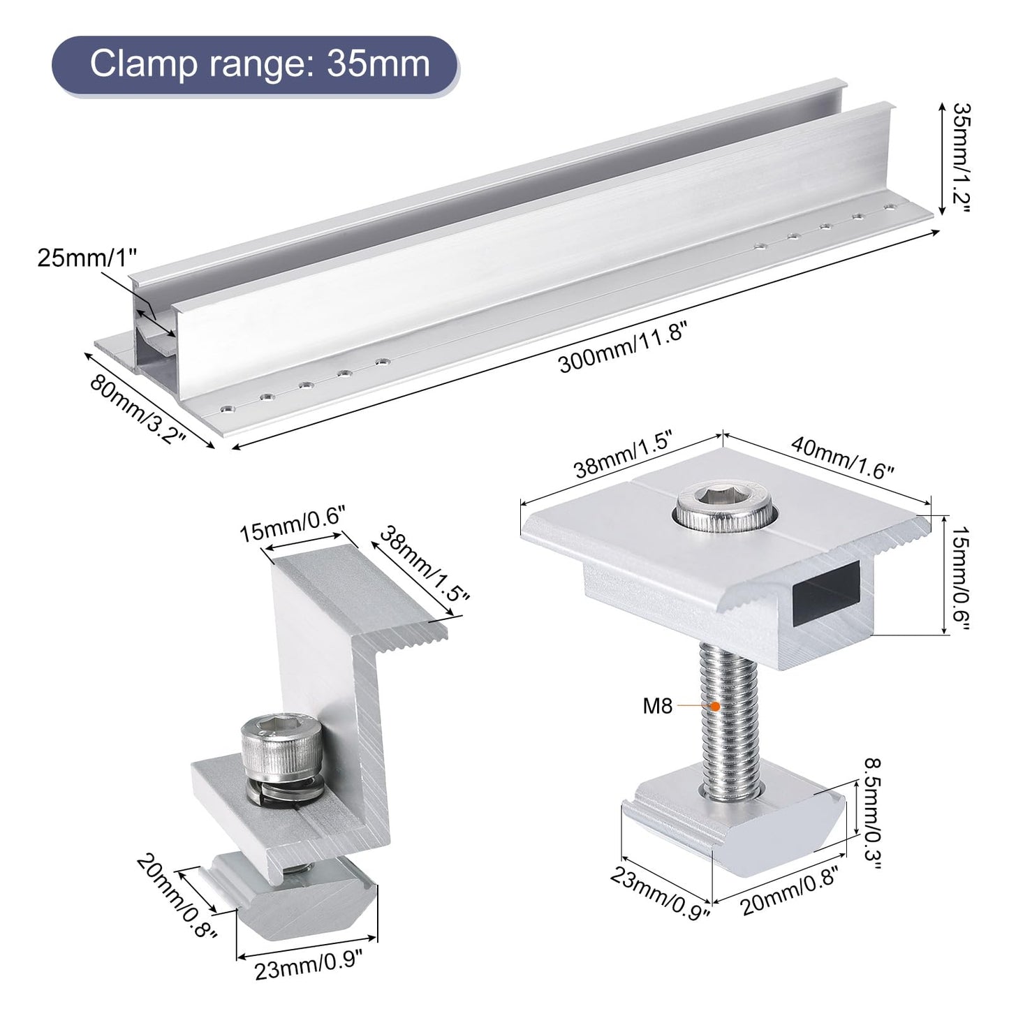 MECCANIXITY Set of Solar Panel Bracket, 6 x 300mm Aluminium Extrusions Mounting Rail, 8 x 35mm Clamps Solar Mounting Rail Connector for Tin Roof, Flat Roof
