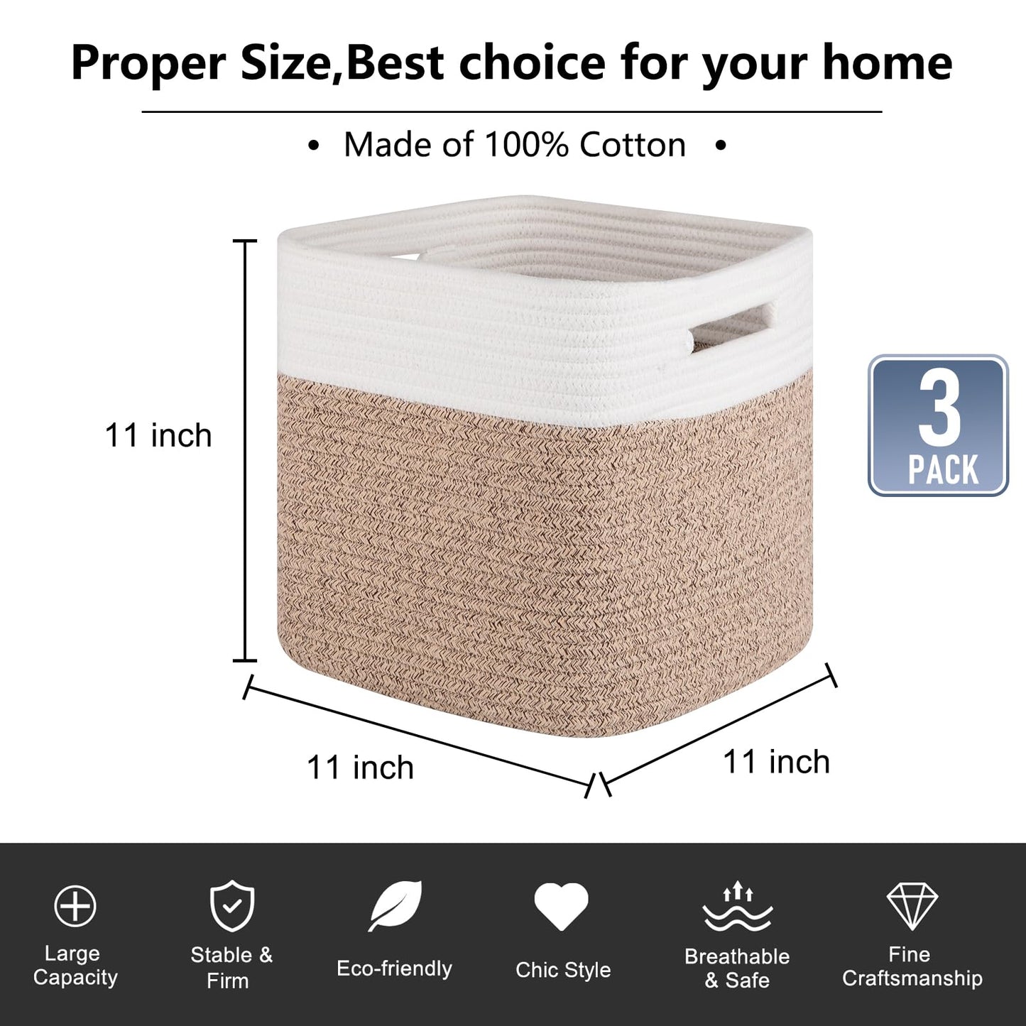 OIAHOMY Cube Storage Basket, 3-Pack Woven Cotton Rope Baskets for Storage, 11-Inch Cube Basket with Handles, Great for Shelves, Closets, Children's Toy Storage and Organization-White & Brown
