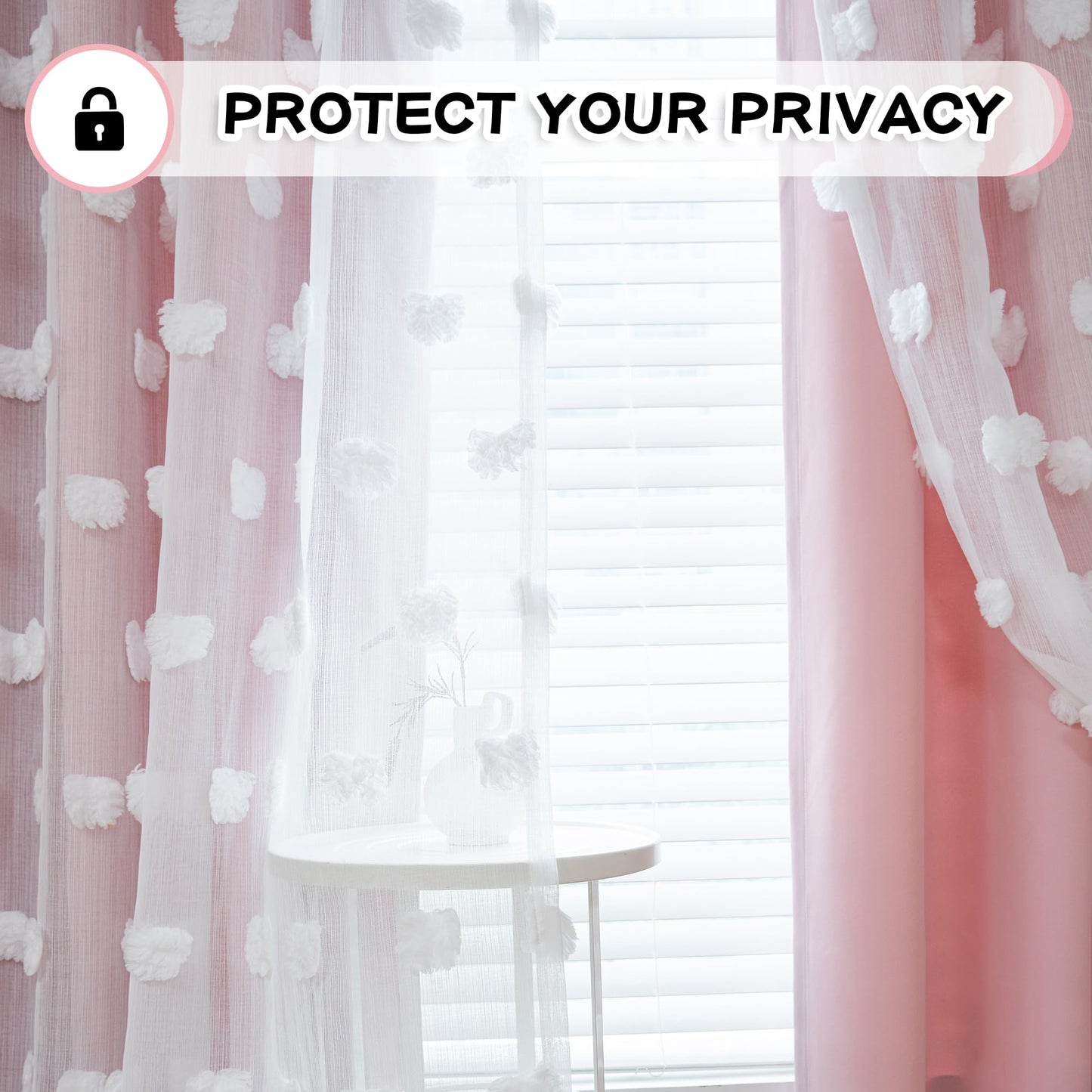 MYSKY HOME Light Blocking Pink Curtains White Sheer Pom Pom Kids Room Decor Drapes for Living Room 95 Inches Long Double Layer Curtains for Sliding Door Grommet Window Panels Set of 2, 52" x 95"