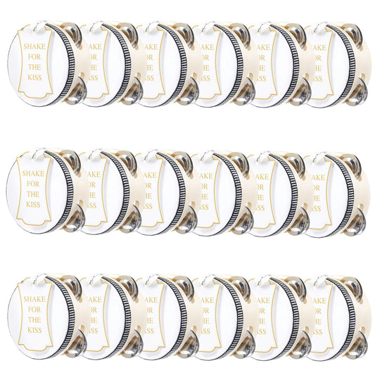 18 Set 4 inch Tambourine bulk for Adults, Mini Tambourines Wooden Hand Held Drum with Metal Jingles, Gift Tags & White Printed Ribbon, Tambourine Gift for Church Wedding Party Favor
