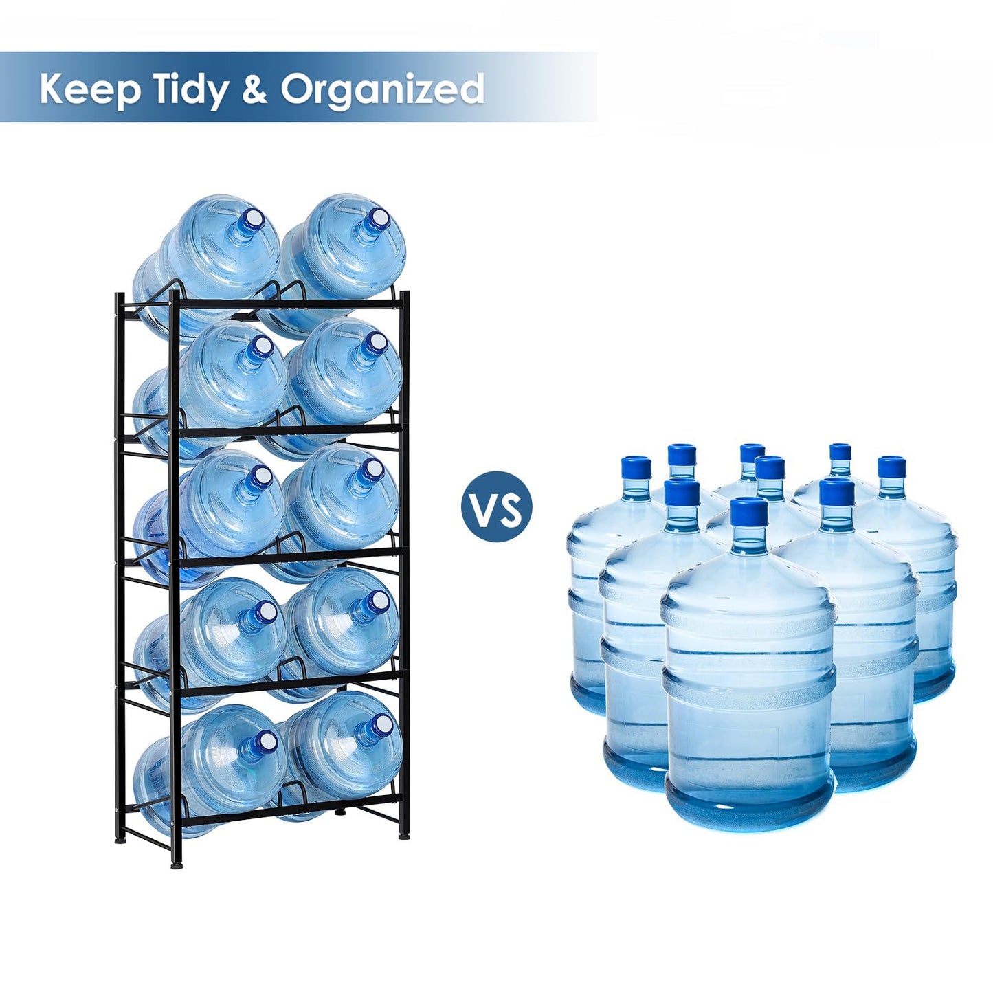 5 Gallon Water Bottle Holder Water Jug Holder 5 Tier Water Jug Rack for 10 Bottles Heavy Duty 5 Gallon Water Jug Stand Organizer Shelf for Home Kitchen Office, Space Save, Black