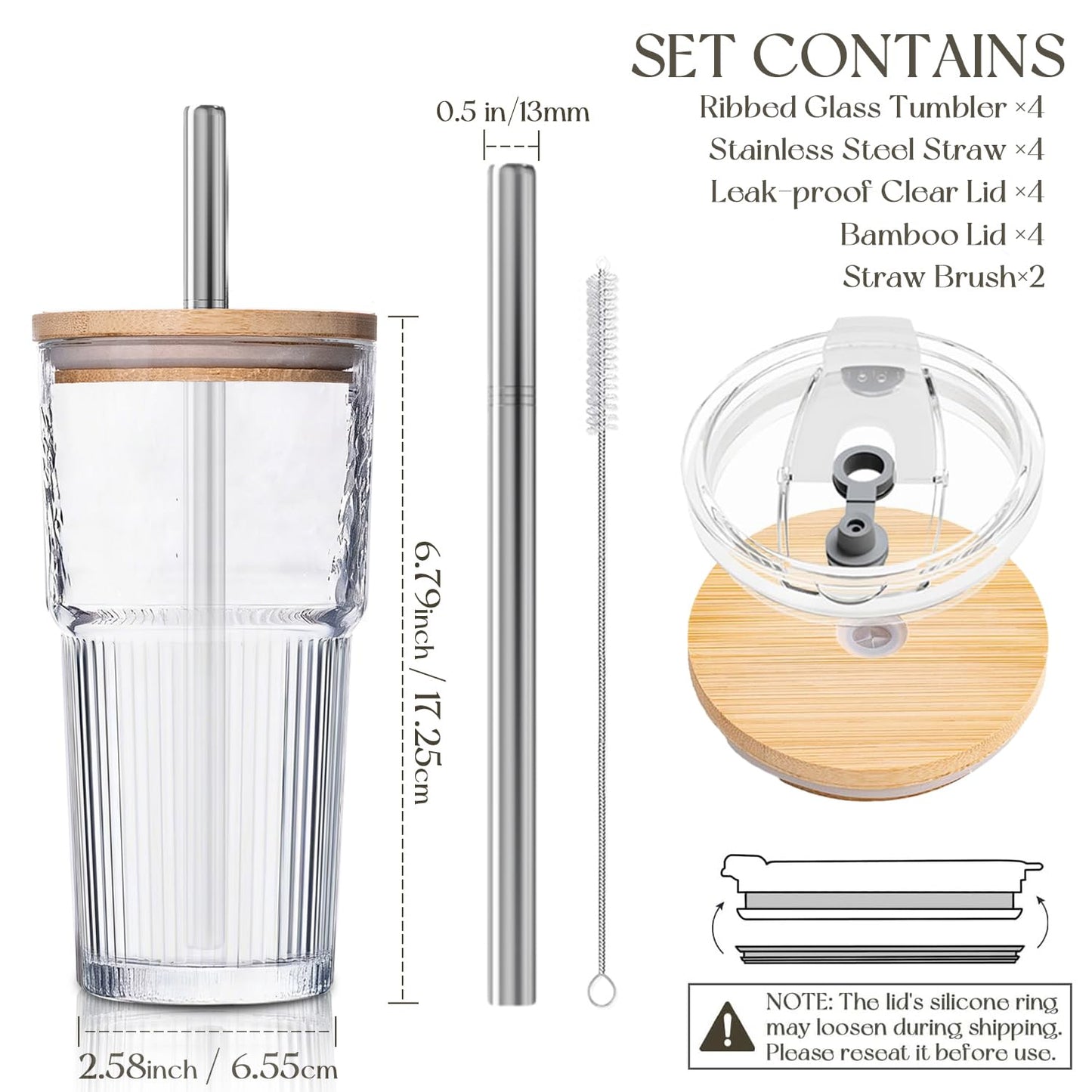 KEMORELA 20oz Ribbed Glass Tumblers with Reusable Stainless Steel Straws, Bamboo & Leak-Proof Dual Lids, Extra-Wide 13mm straw, 4Pc Vintage Drinking Glasses for Boba,Iced Coffee, Smoothies,Travel Cups