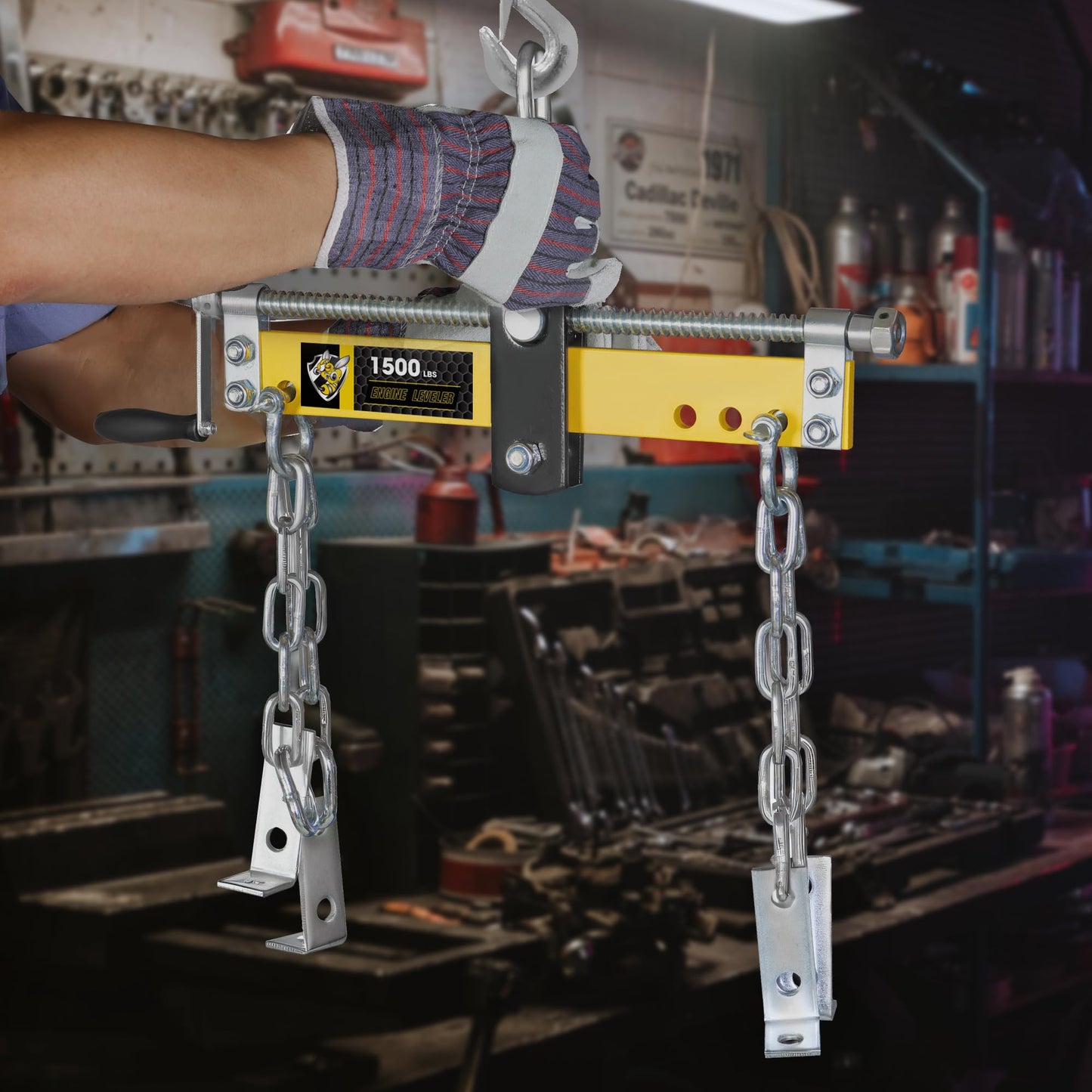 YELLOW JACKET Engine Leveler 1500lbs Steel Engine Hoist Shop Crane with Ball Bearing, Adjustable Handle