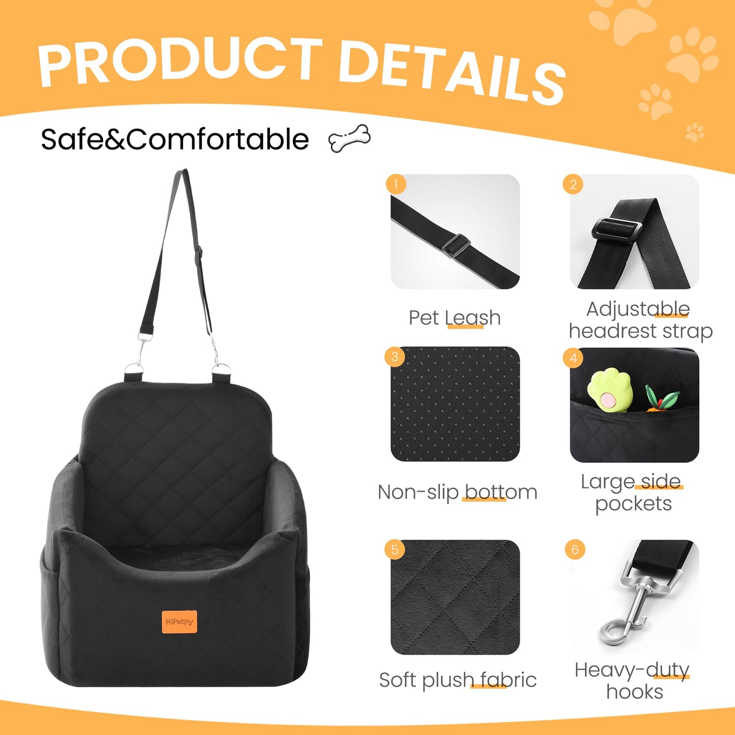 Dog Car Seat for Small Dog, Booster Seat for Dogs Under 30lb, Elevated Pet Seat with Pockets, Anti-Slip Bed for Car, Perfect for Front & Back Seats with Safety Leash (Black, Medium)