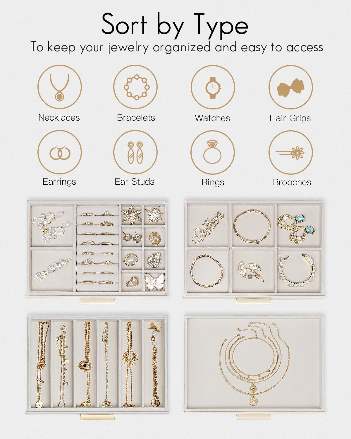 Vlando Jewelry Box with Glass Lid,Jewelry Organizer with 4 Drawers,4-Layer Jewelry Box for Women Girls,Gift for Loved Ones,Beige