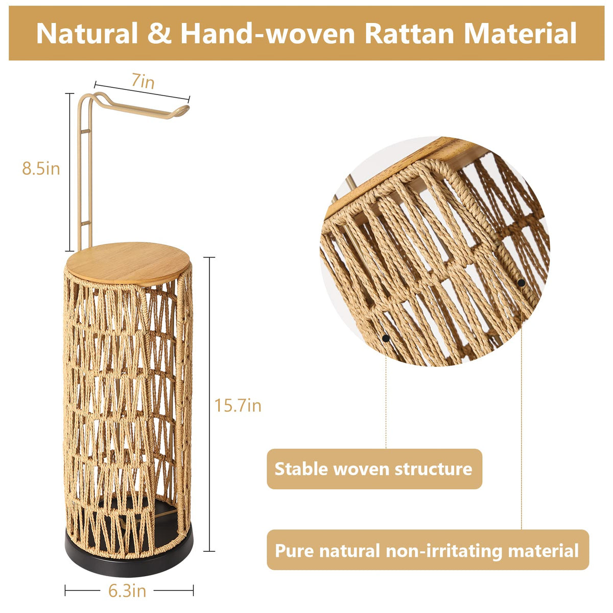Freestanding Toilet Paper Holder with Storage,3 Rolls of Tissue Holder for Bathroom,Handmade Woven Toilet Paper Roll Holder Stand,Rattan Sturdy Boho Bathroom Decor Farmhouse Toilet Paper Storage