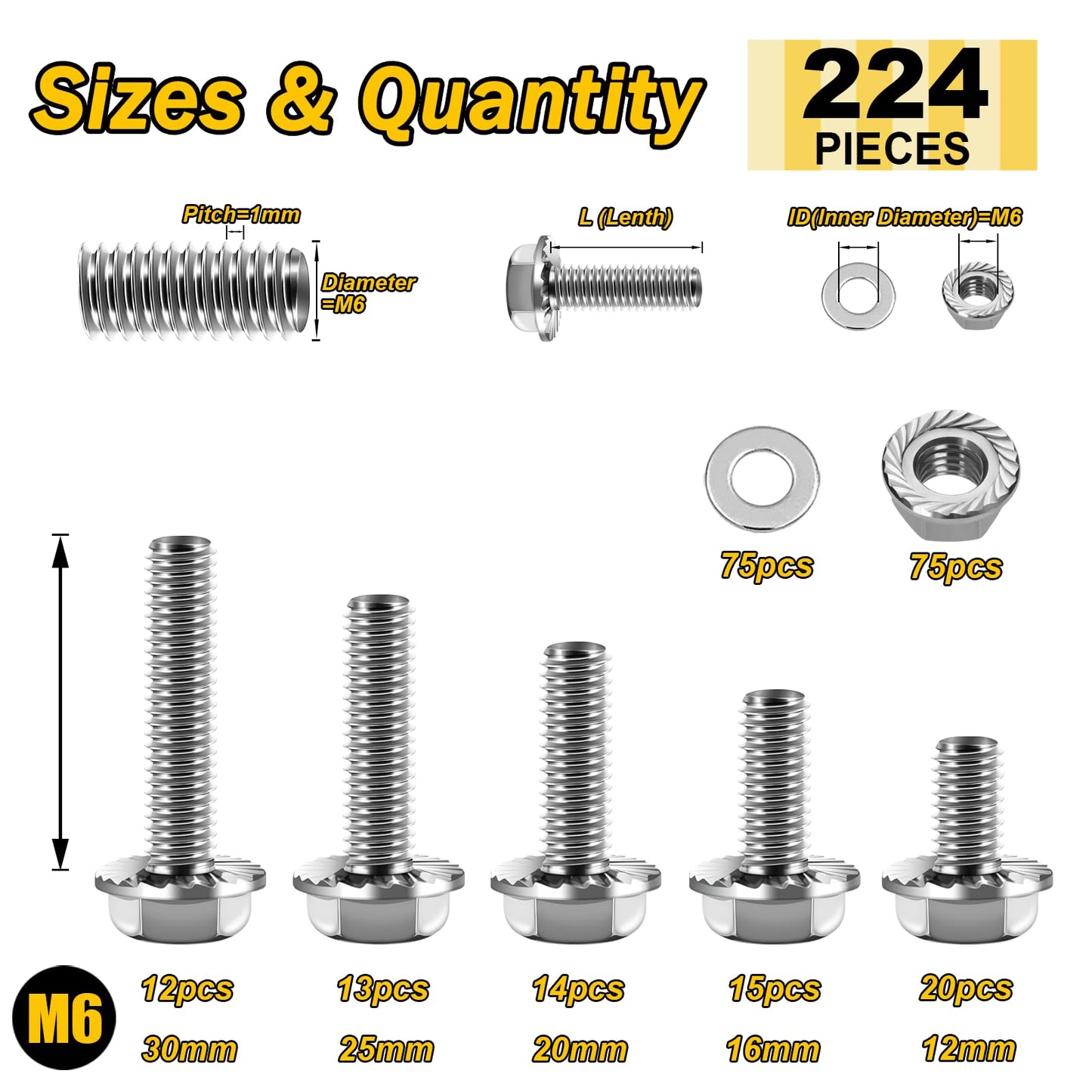 M6 Bolt, 224Pcs M6 x 12/16/20/25/30mm, M6x1.0 Bolt, Flanged Hex Head Bolts with Flange Nuts Washers, 304 Stainless Steel Screws, Metric Assortment, DIN 6921 by Mywish