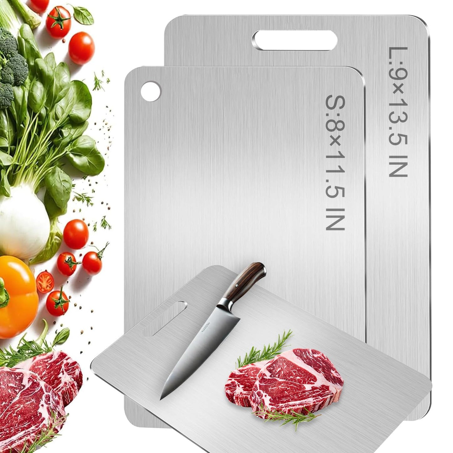 2PC Titanium Cutting Board for Kitchen,Katuchef 100% Pure Titanium Cutting Board,Double-Sided Food-Grade Metal Chopping Boards,Easy to Clean, Non-Stick & Odor-Resistant(S+L)